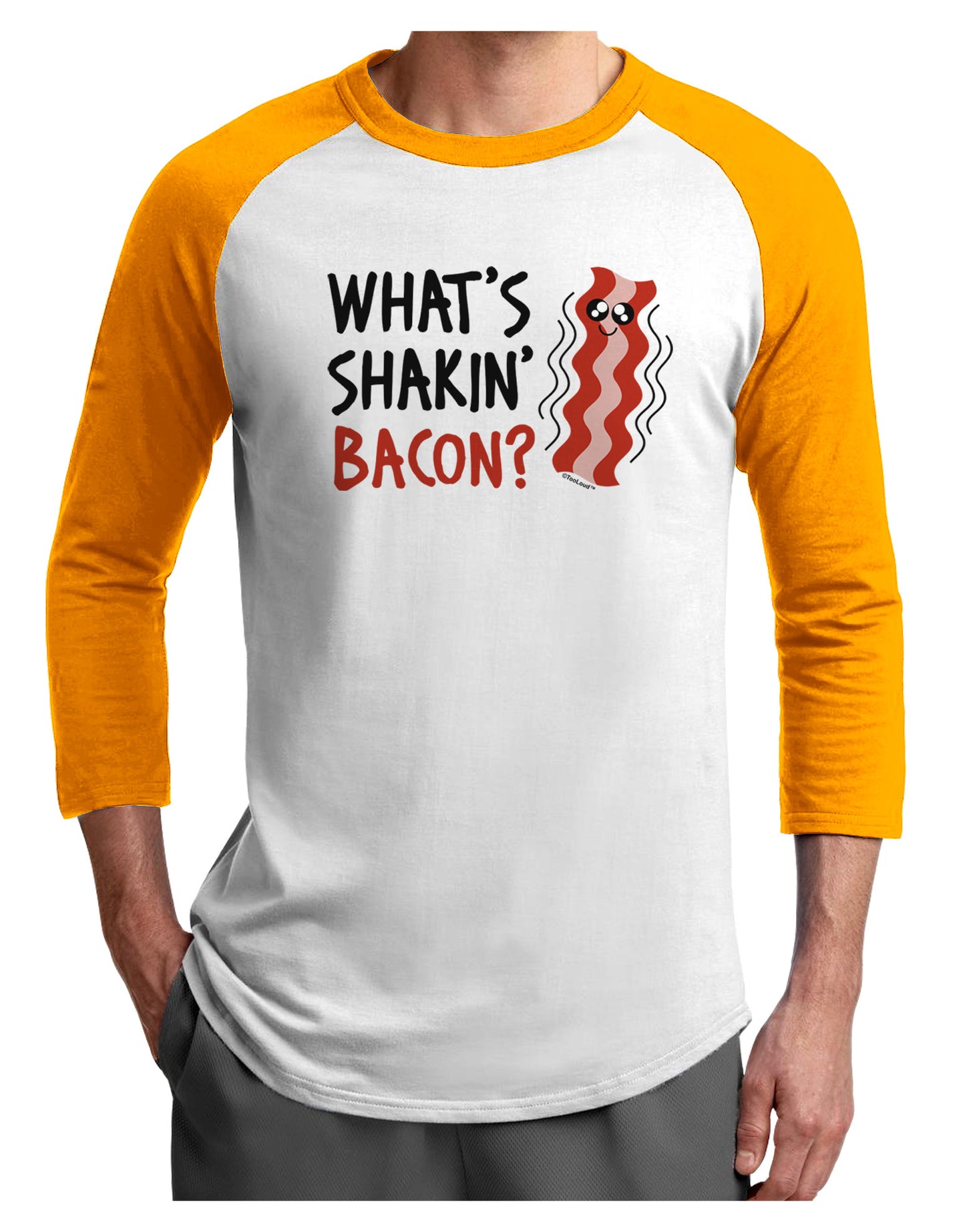 What's Shakin' Bacon Adult Raglan Shirt-Raglan Shirt-TooLoud-White-Gold-X-Small-Davson Sales