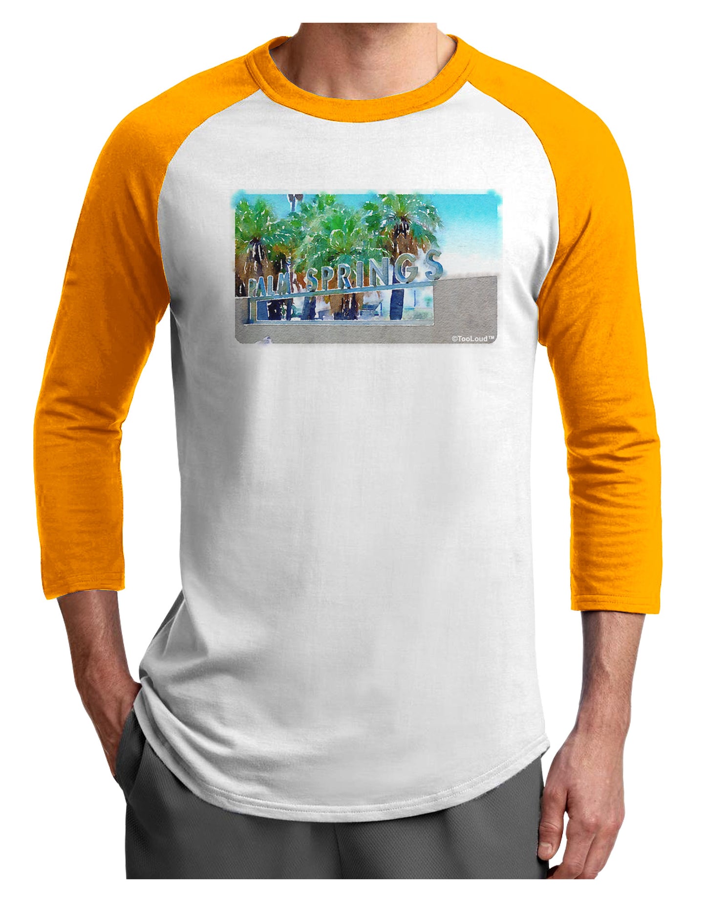 Palm Springs Watercolor Adult Raglan Shirt-TooLoud-White-Gold-X-Small-Davson Sales