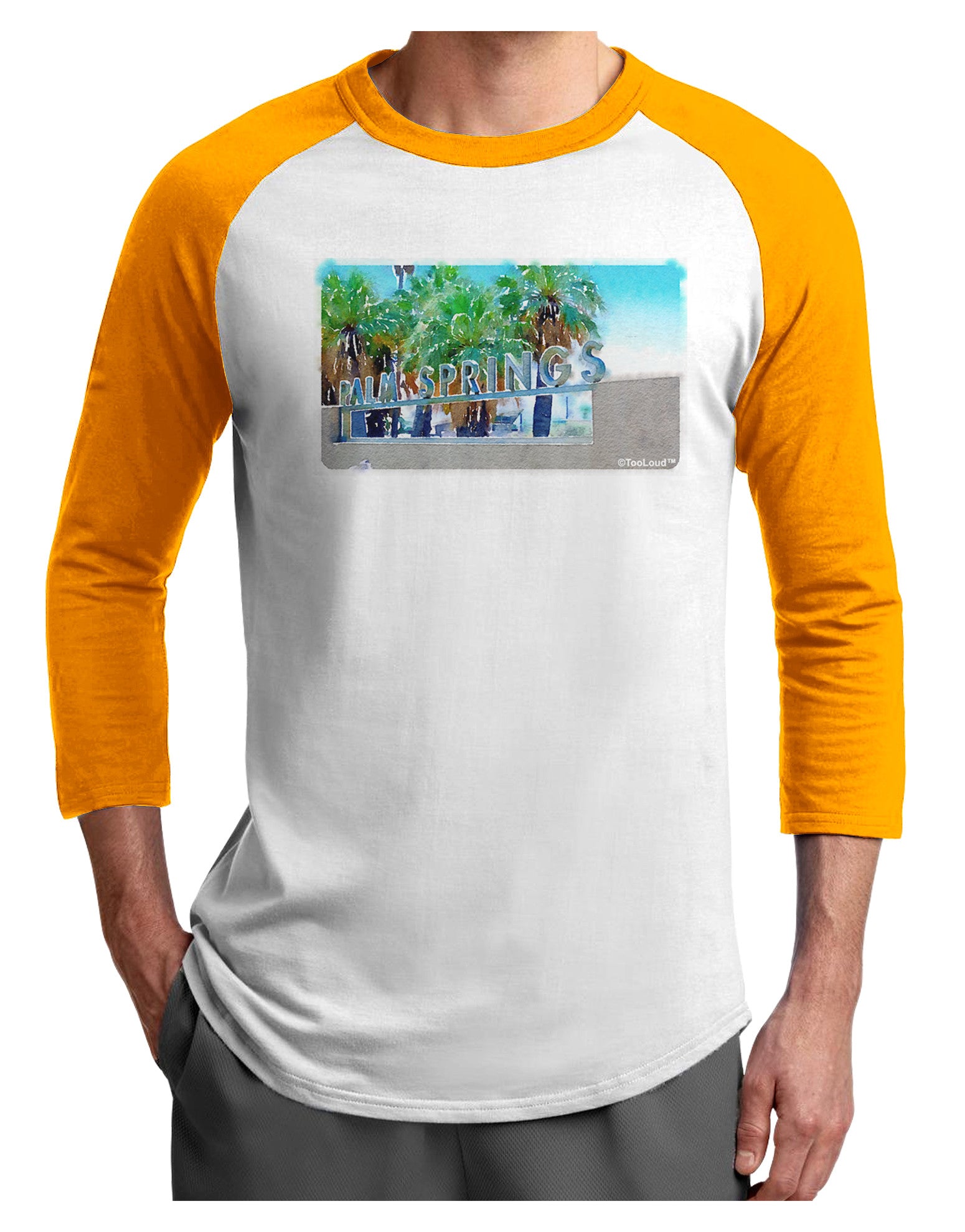 Palm Springs Watercolor Adult Raglan Shirt-TooLoud-White-Gold-X-Small-Davson Sales
