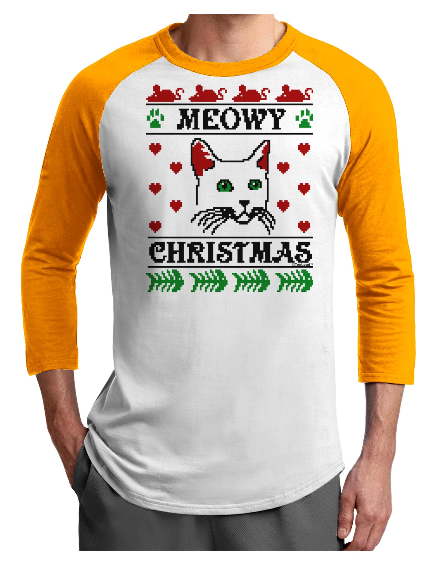 Meowy Christmas Cat Knit Look Adult Raglan Shirt by-Raglan Shirt-TooLoud-White-Gold-X-Small-Davson Sales