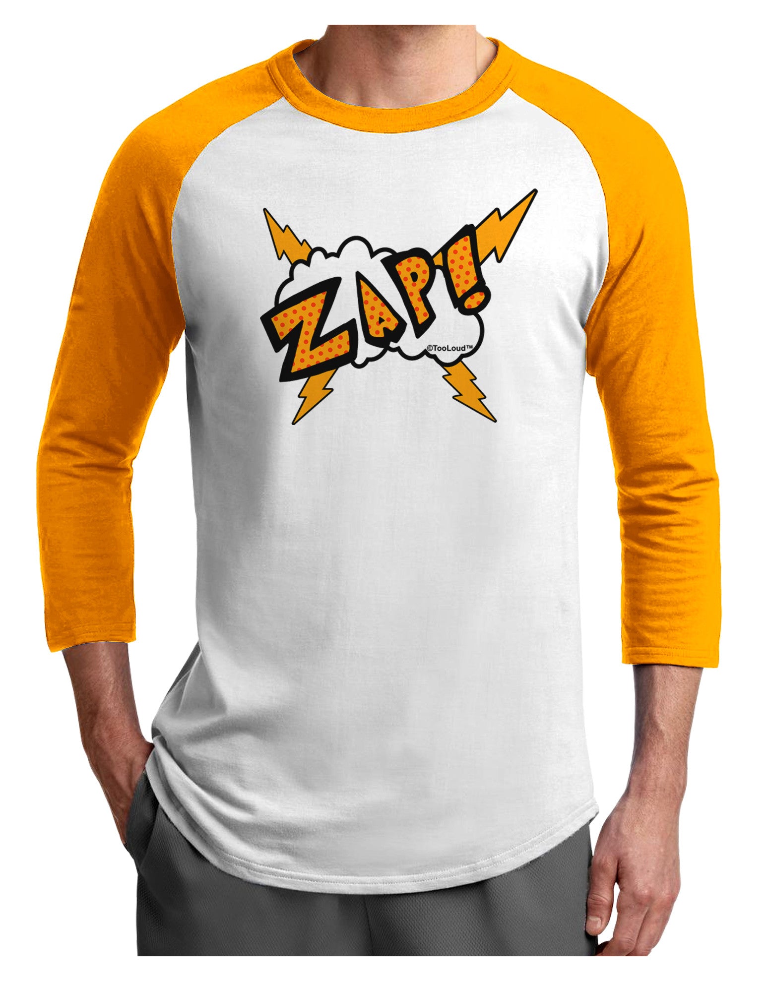 Onomatopoeia ZAP Adult Raglan Shirt-TooLoud-White-Gold-X-Small-Davson Sales