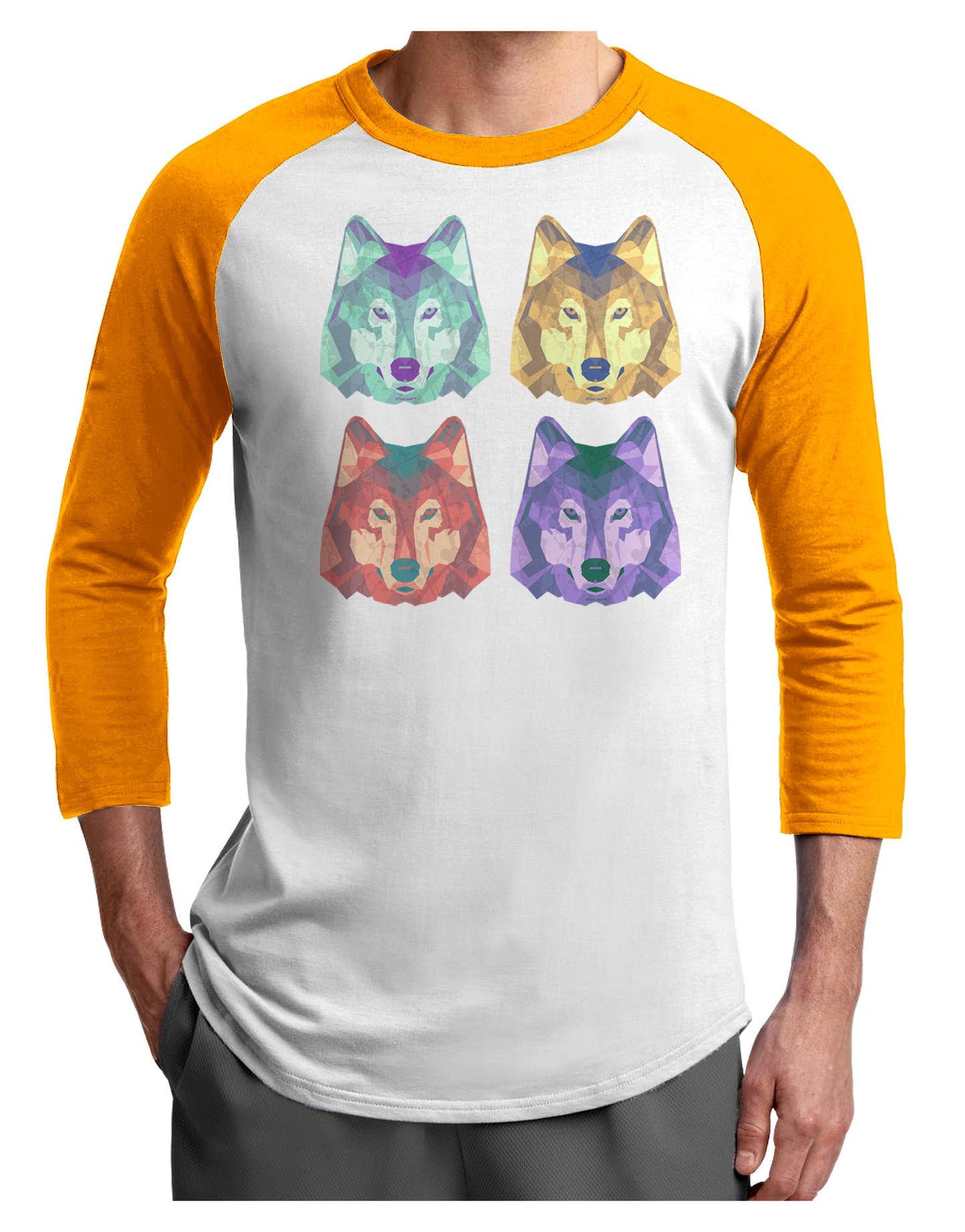 Geometric Wolf Head Pop Art Adult Raglan Shirt-TooLoud-White-Gold-X-Small-Davson Sales