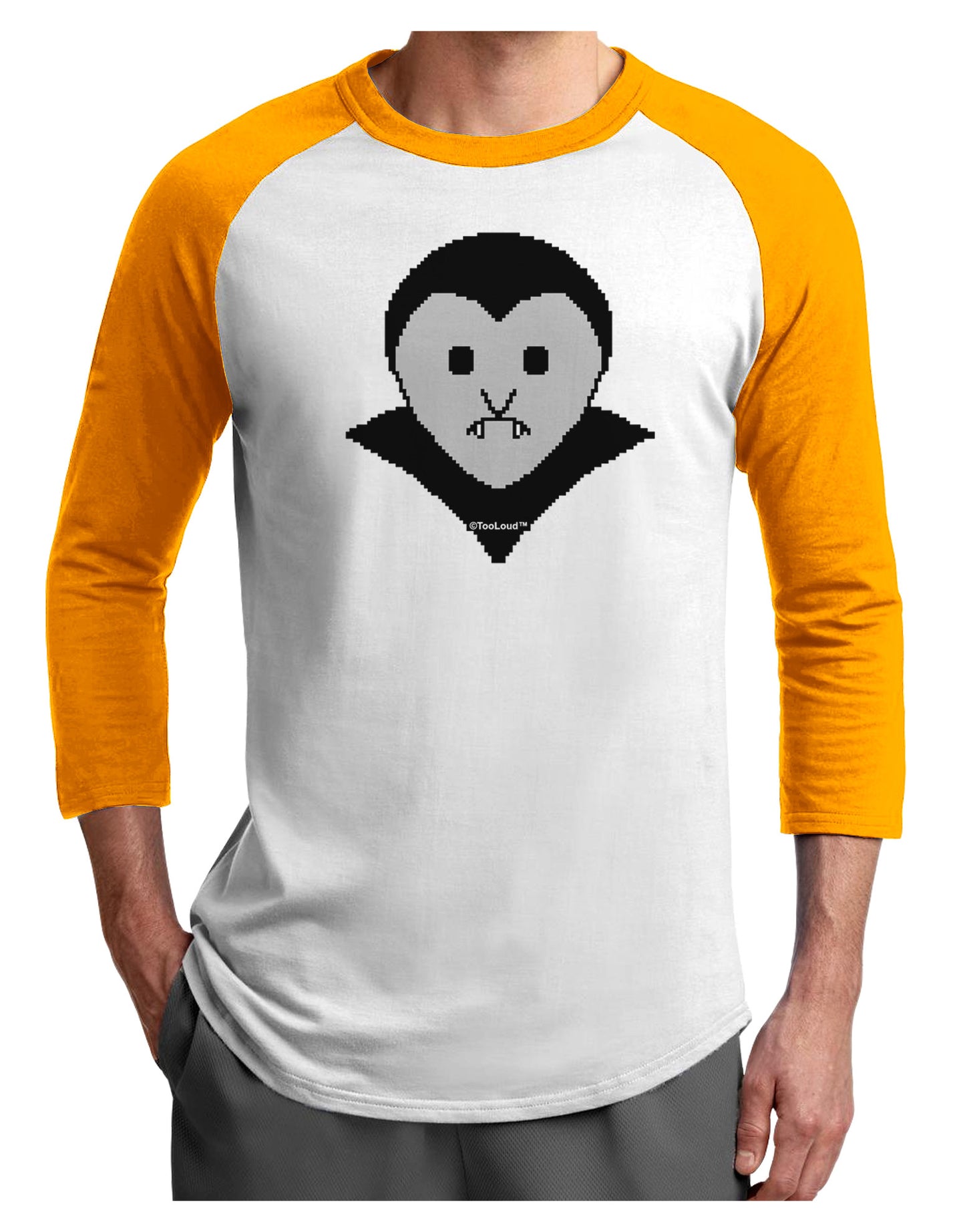 Cute Pixel Vampire Male Adult Raglan Shirt-TooLoud-White-Gold-X-Small-Davson Sales