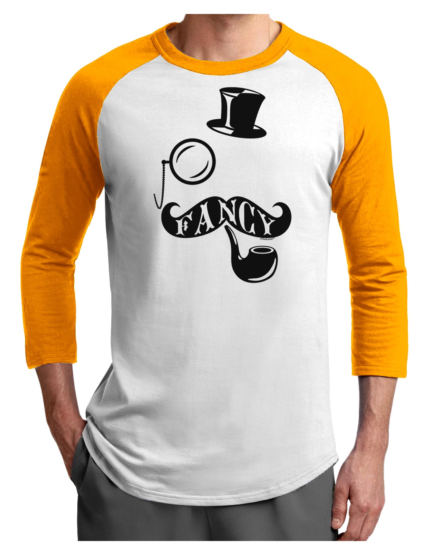 Fancy Tophat Mustache Pipe and Monocle Adult Raglan Shirt-Raglan Shirt-TooLoud-White-Gold-X-Small-Davson Sales