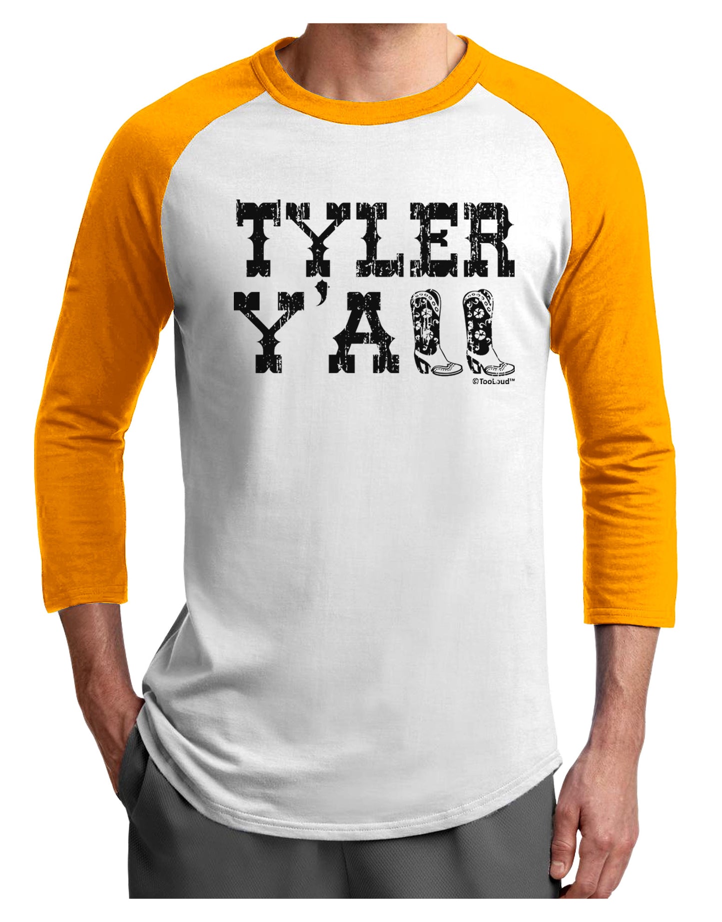 Tyler Y'all - Southwestern Style Adult Raglan Shirt-TooLoud-White-Gold-X-Small-Davson Sales