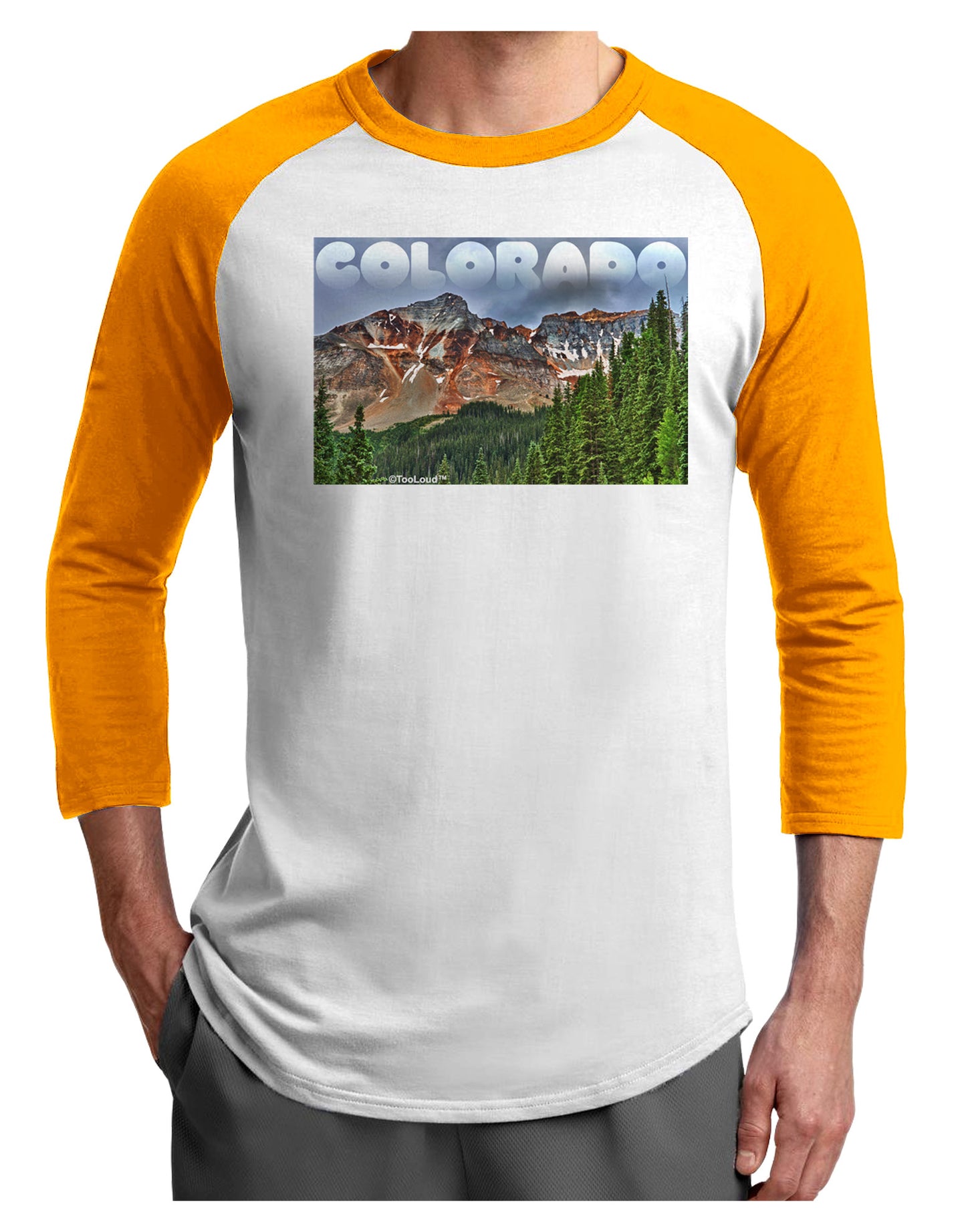 Colorado Mountains Forrest Text Adult Raglan Shirt-TooLoud-White-Gold-X-Small-Davson Sales