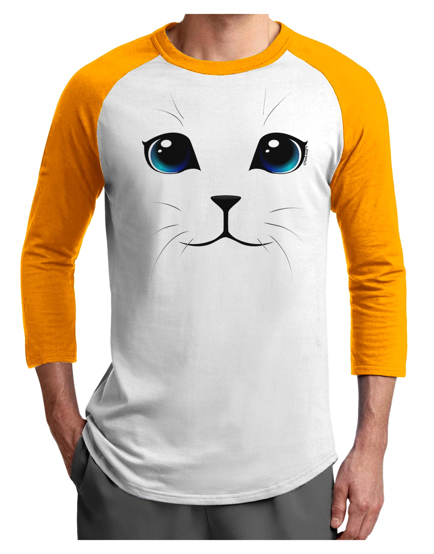 Blue-Eyed Cute Cat Face Adult Raglan Shirt-TooLoud-White-Gold-X-Small-Davson Sales