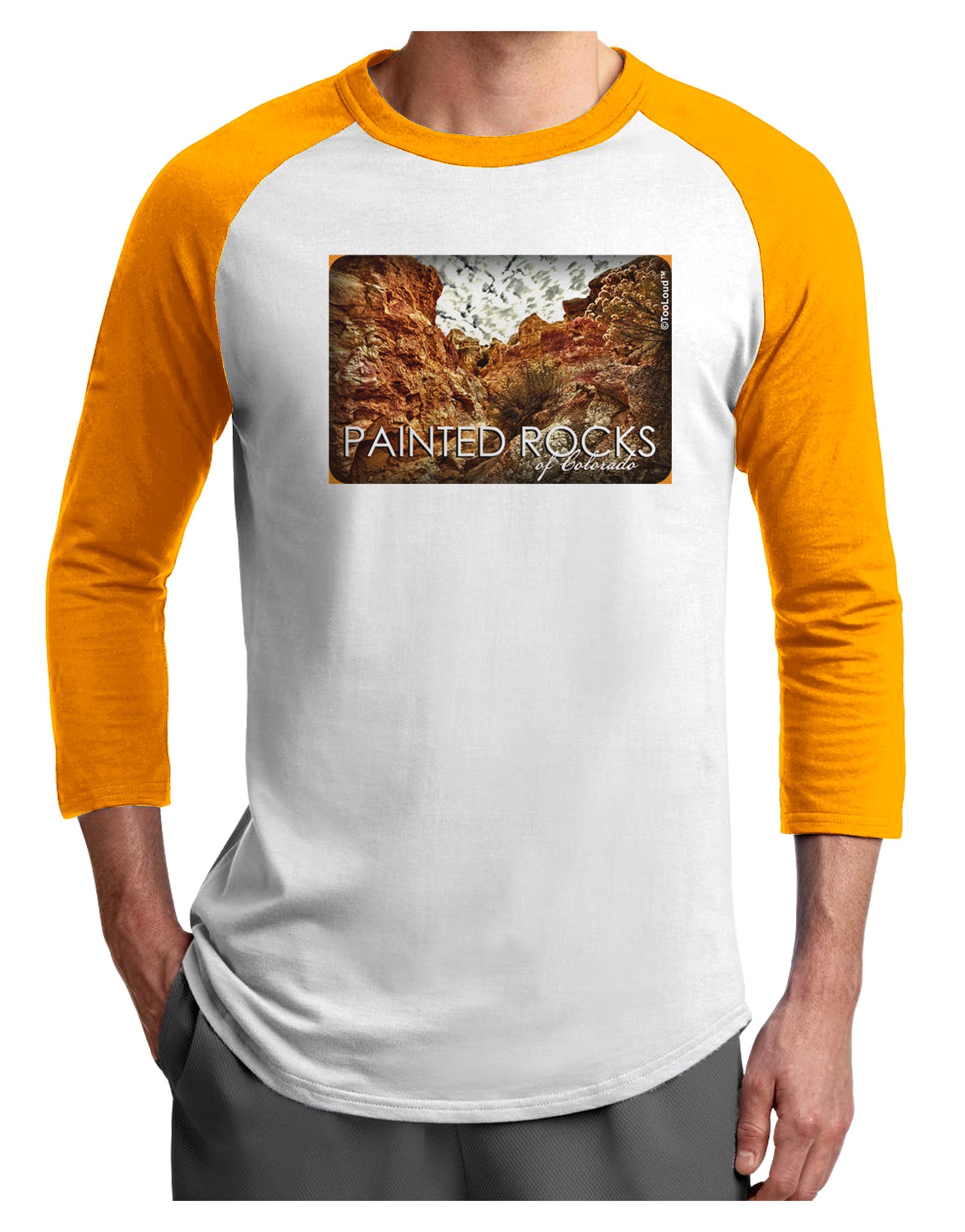 Colorado Painted Rocks Text Adult Raglan Shirt-Raglan Shirt-TooLoud-White-Gold-X-Small-Davson Sales