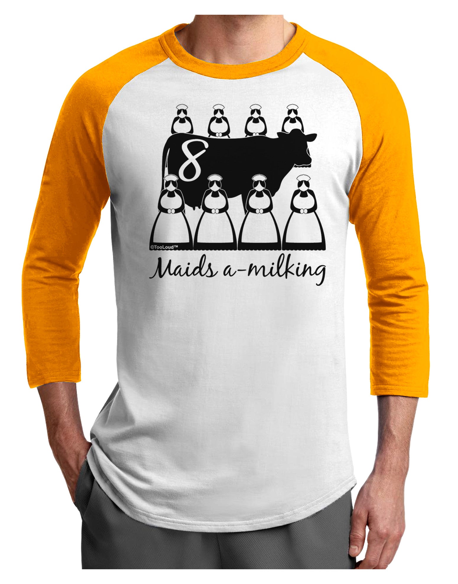 Eight Maids A Milking Text Adult Raglan Shirt-TooLoud-White-Gold-X-Small-Davson Sales