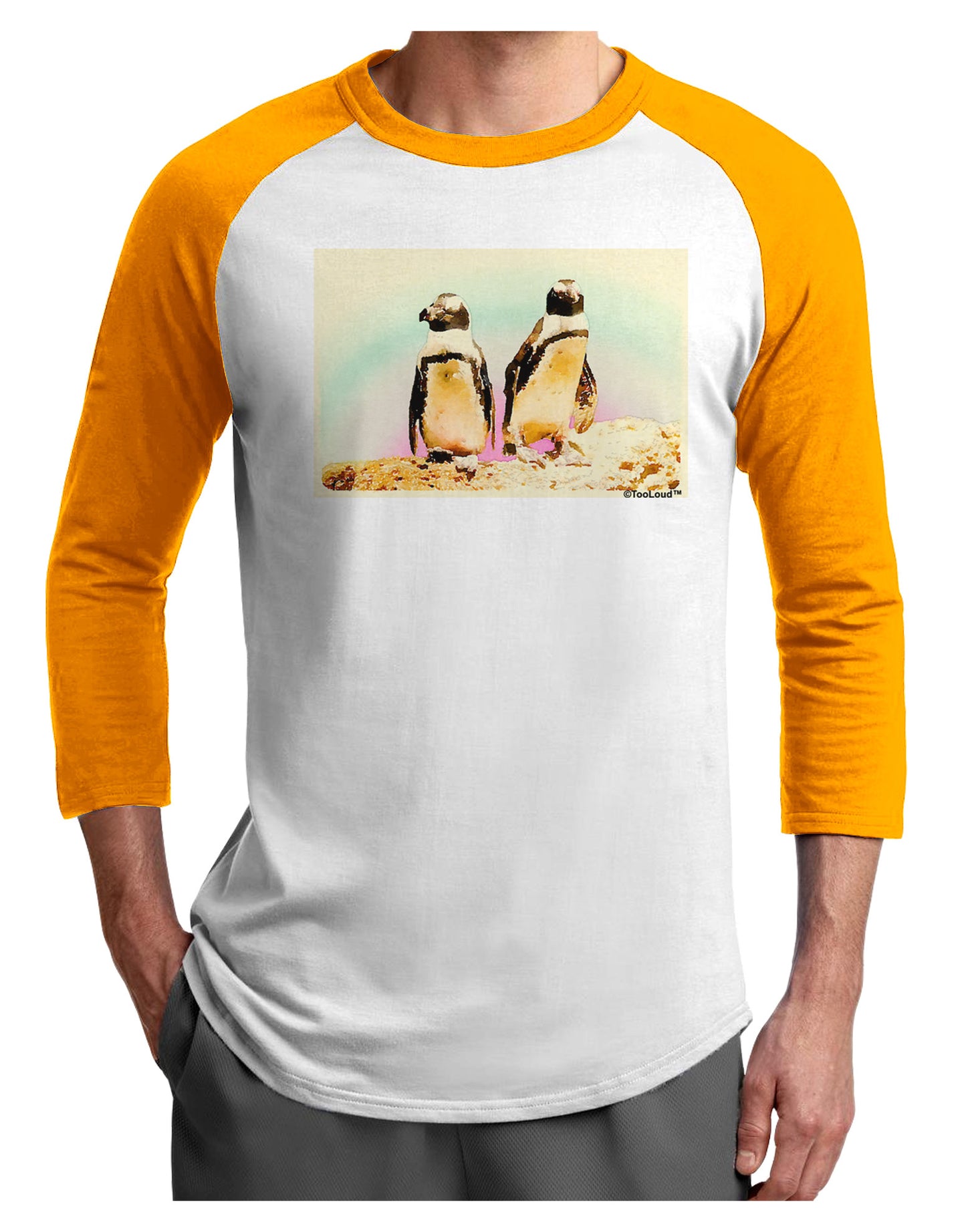 Magellanic Penguin Watercolor Adult Raglan Shirt-TooLoud-White-Gold-X-Small-Davson Sales