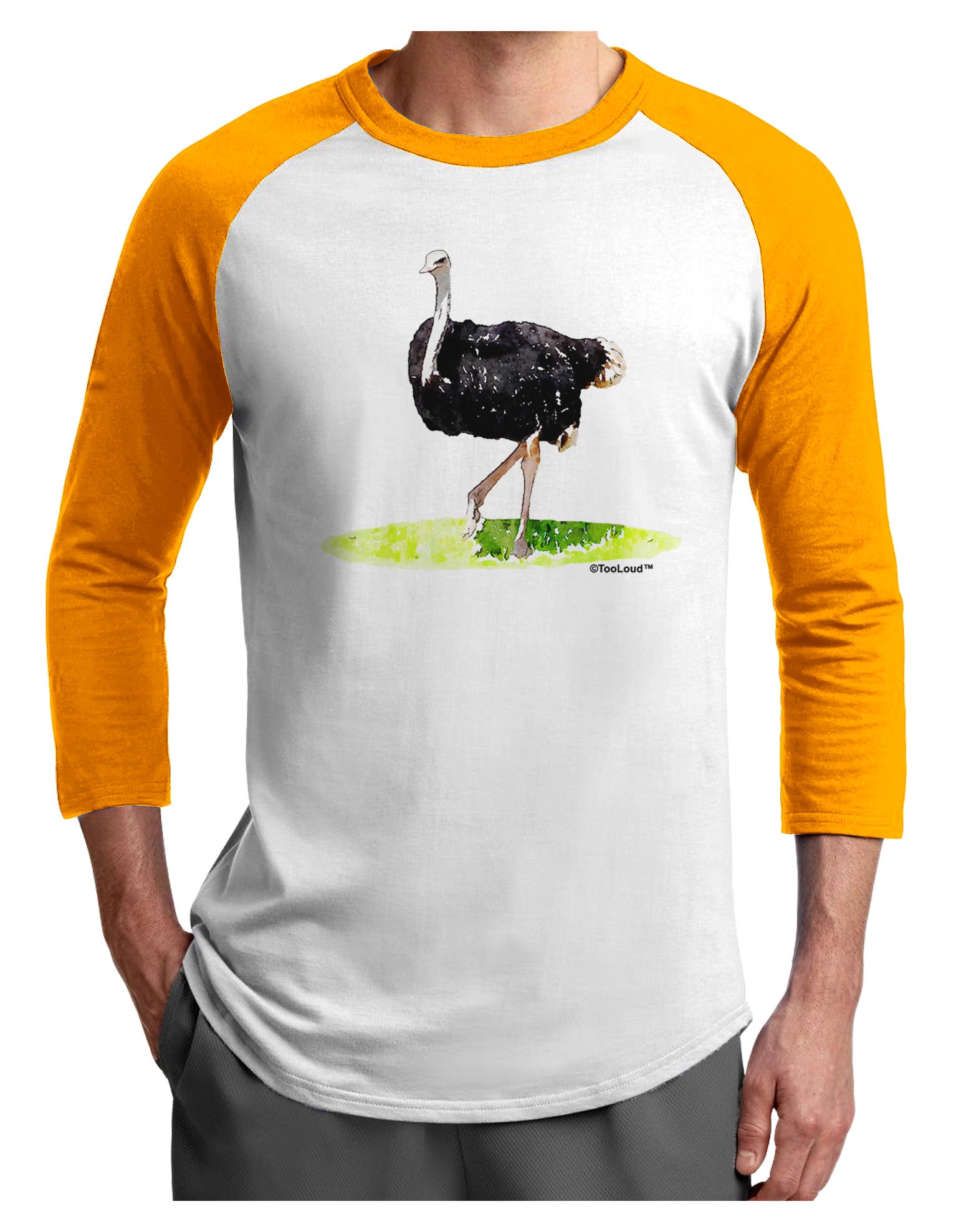 Ostrich Watercolor Adult Raglan Shirt-TooLoud-White-Gold-X-Small-Davson Sales