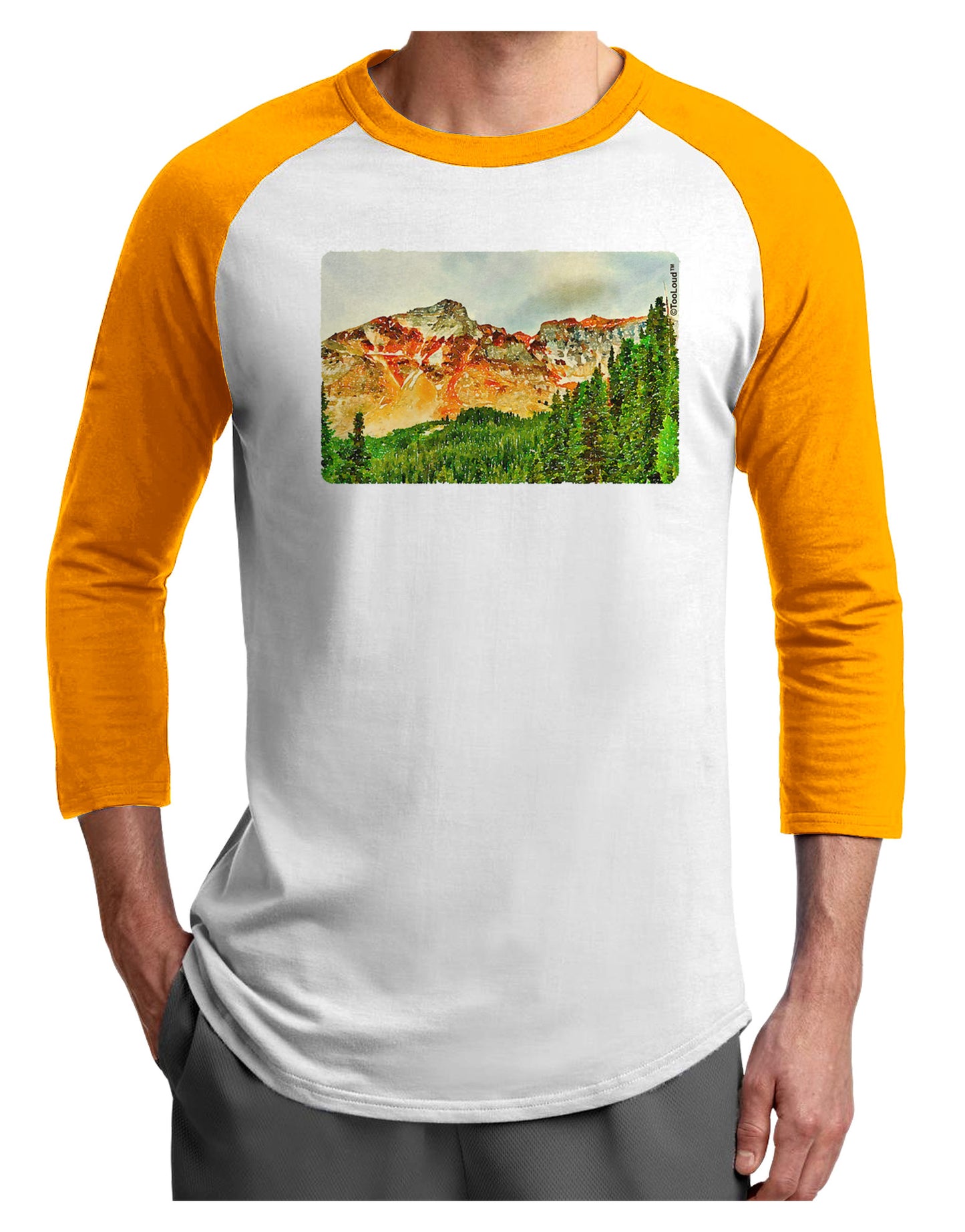 Colorado Forrest Watercolor Adult Raglan Shirt-TooLoud-White-Gold-X-Small-Davson Sales