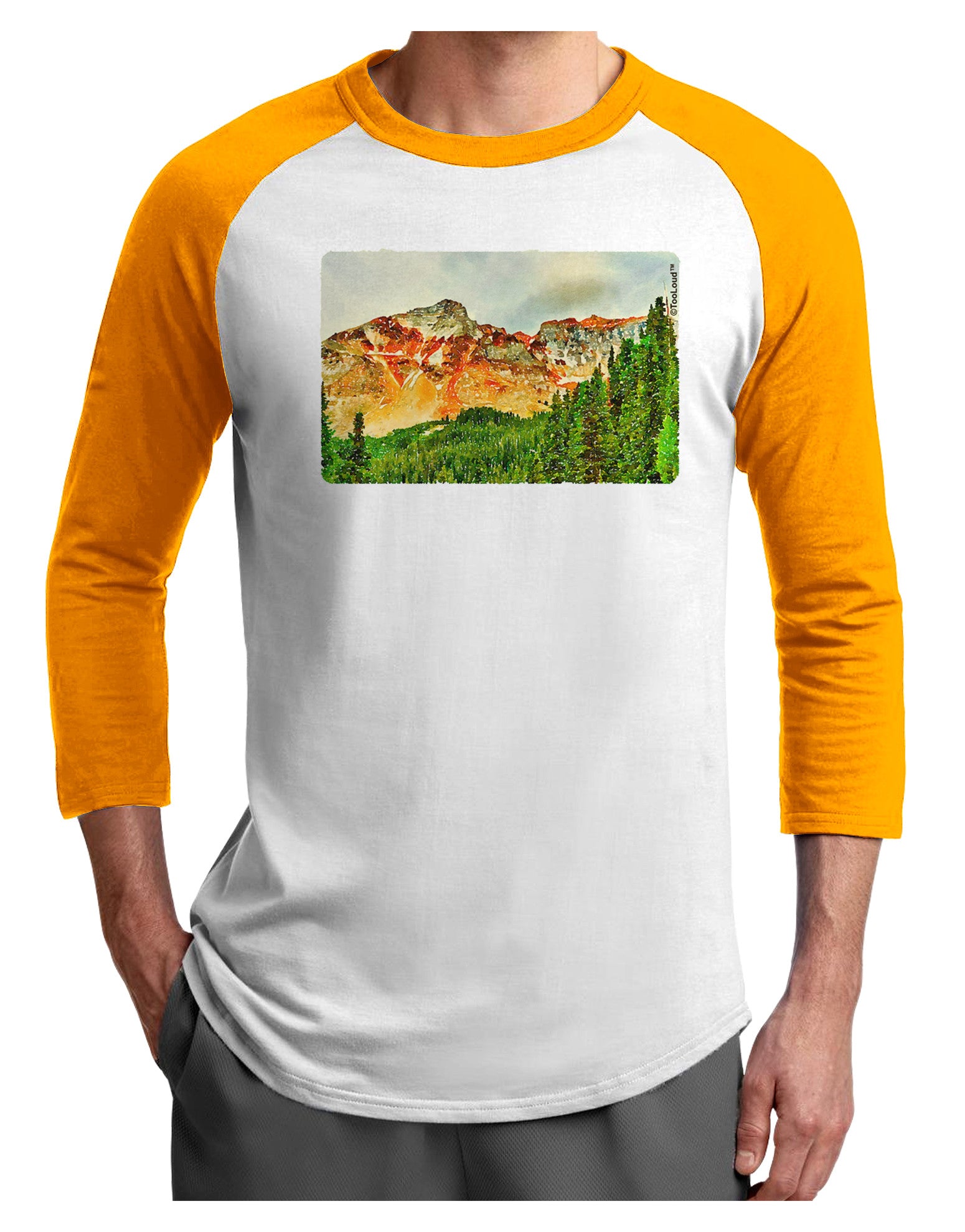 Colorado Forrest Watercolor Adult Raglan Shirt-TooLoud-White-Gold-X-Small-Davson Sales