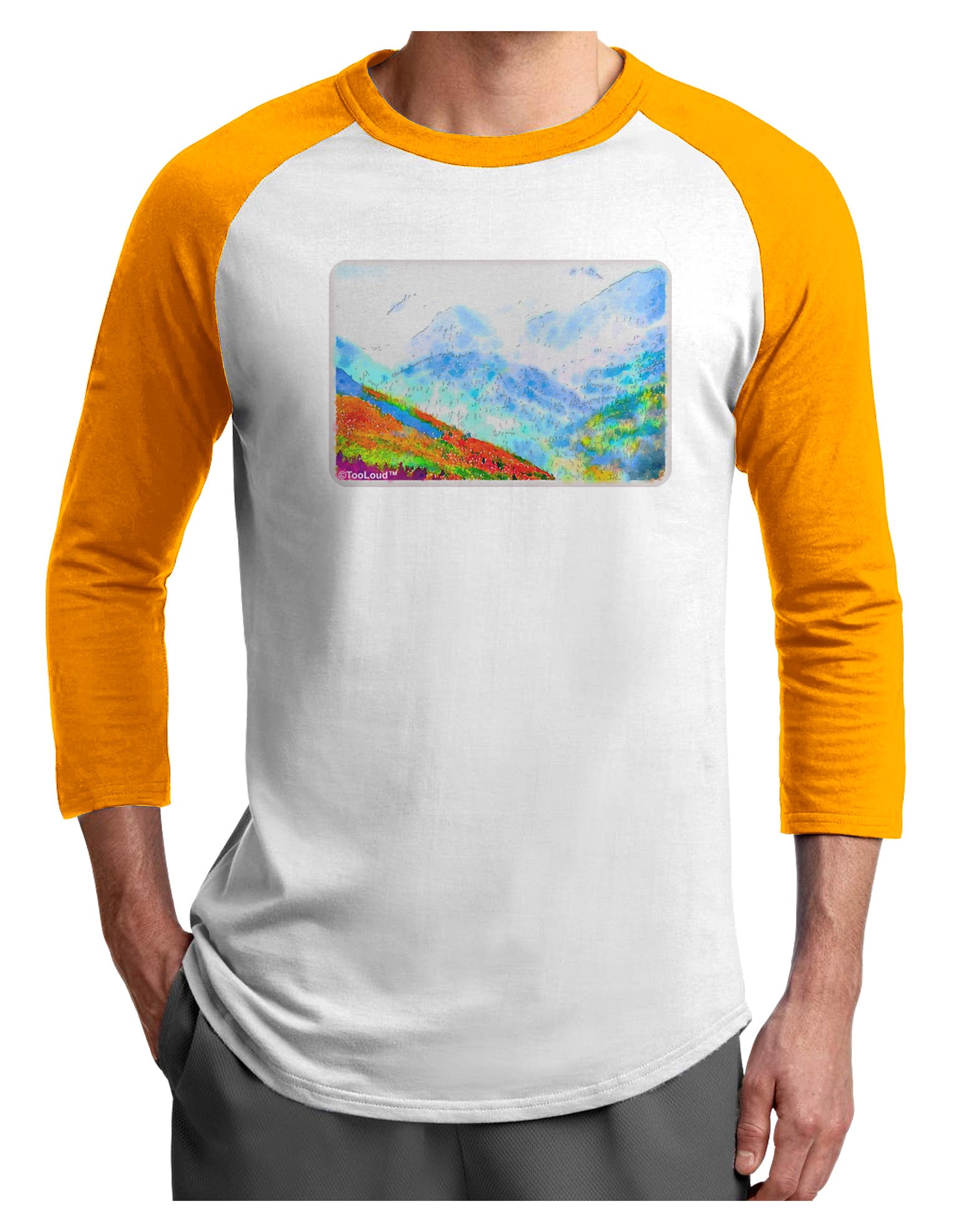 CO Fog Mountains Watercolor Adult Raglan Shirt-Raglan Shirt-TooLoud-White-Gold-X-Small-Davson Sales