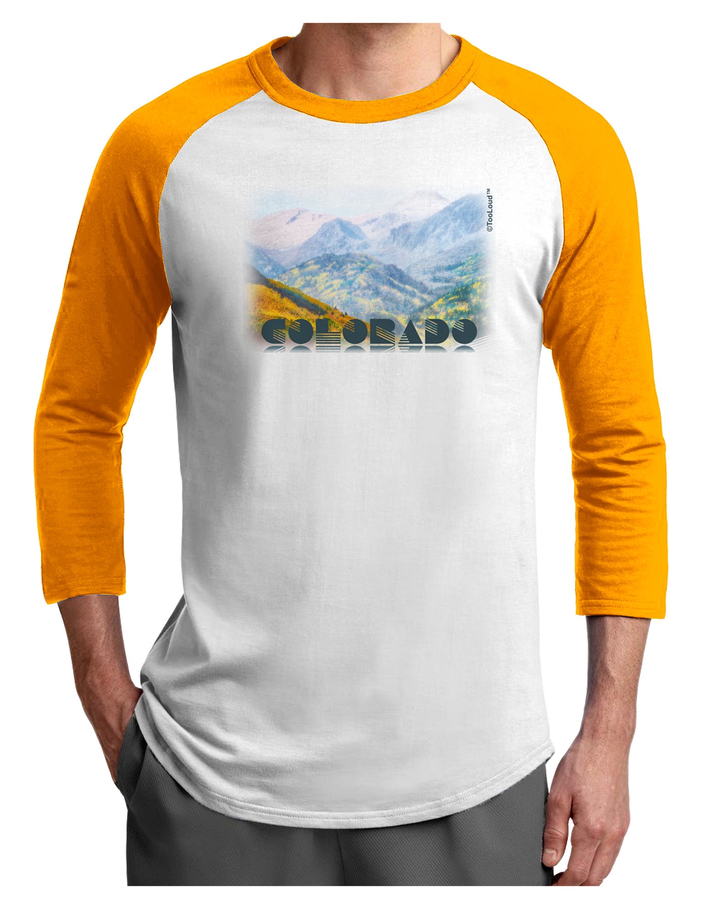CO Fog Mountains Text Adult Raglan Shirt-Raglan Shirt-TooLoud-White-Gold-X-Small-Davson Sales