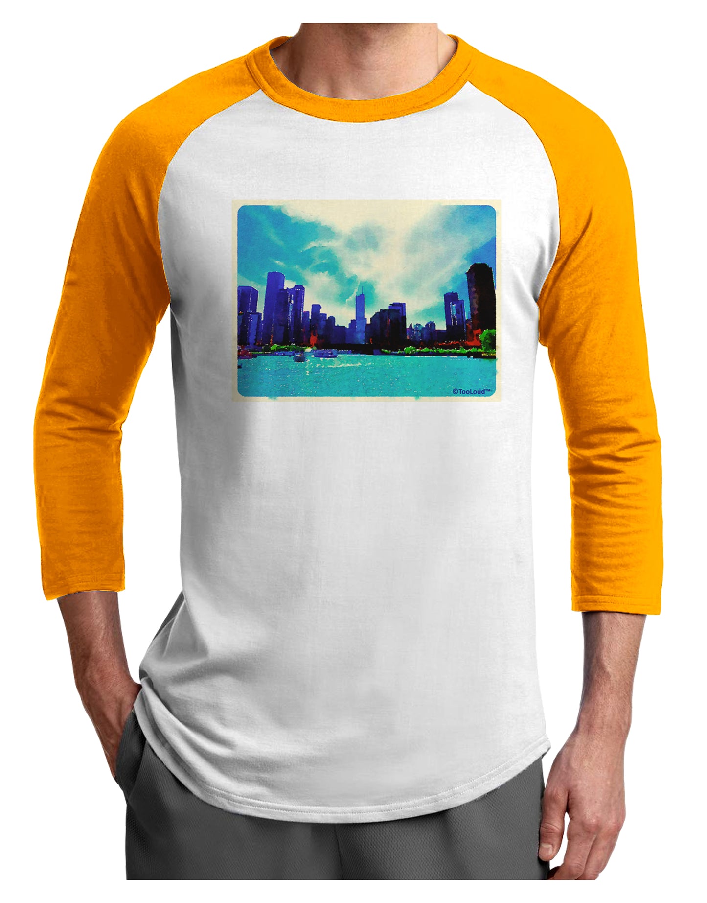 Chicago Skyline Watercolor Adult Raglan Shirt-TooLoud-White-Gold-X-Small-Davson Sales