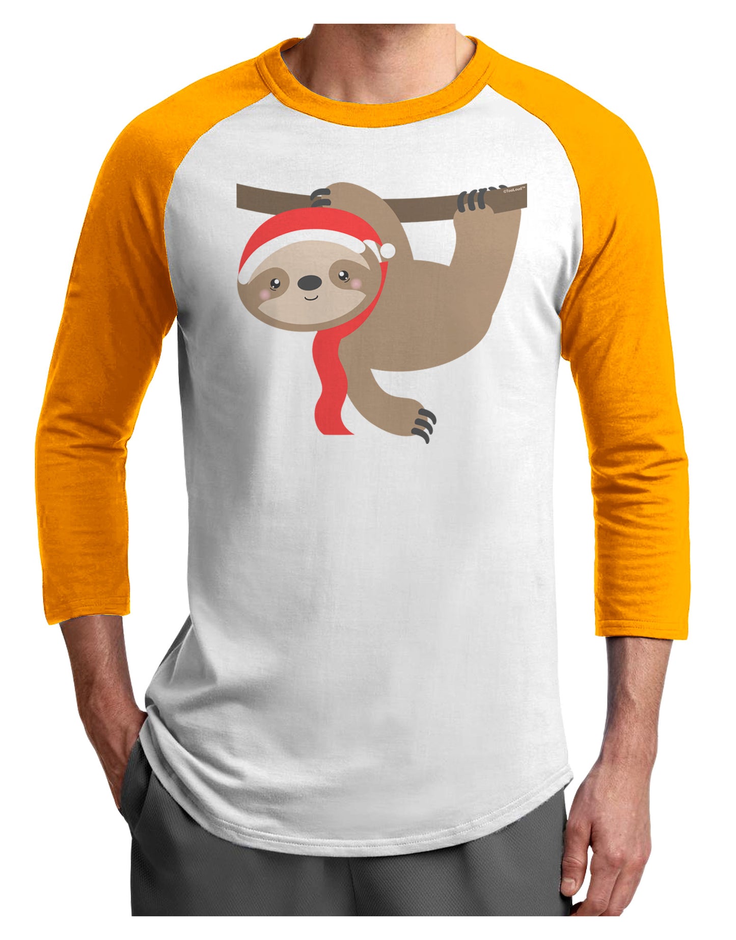Cute Christmas Sloth with Santa Hat Adult Raglan Shirt-TooLoud-White-Gold-X-Small-Davson Sales