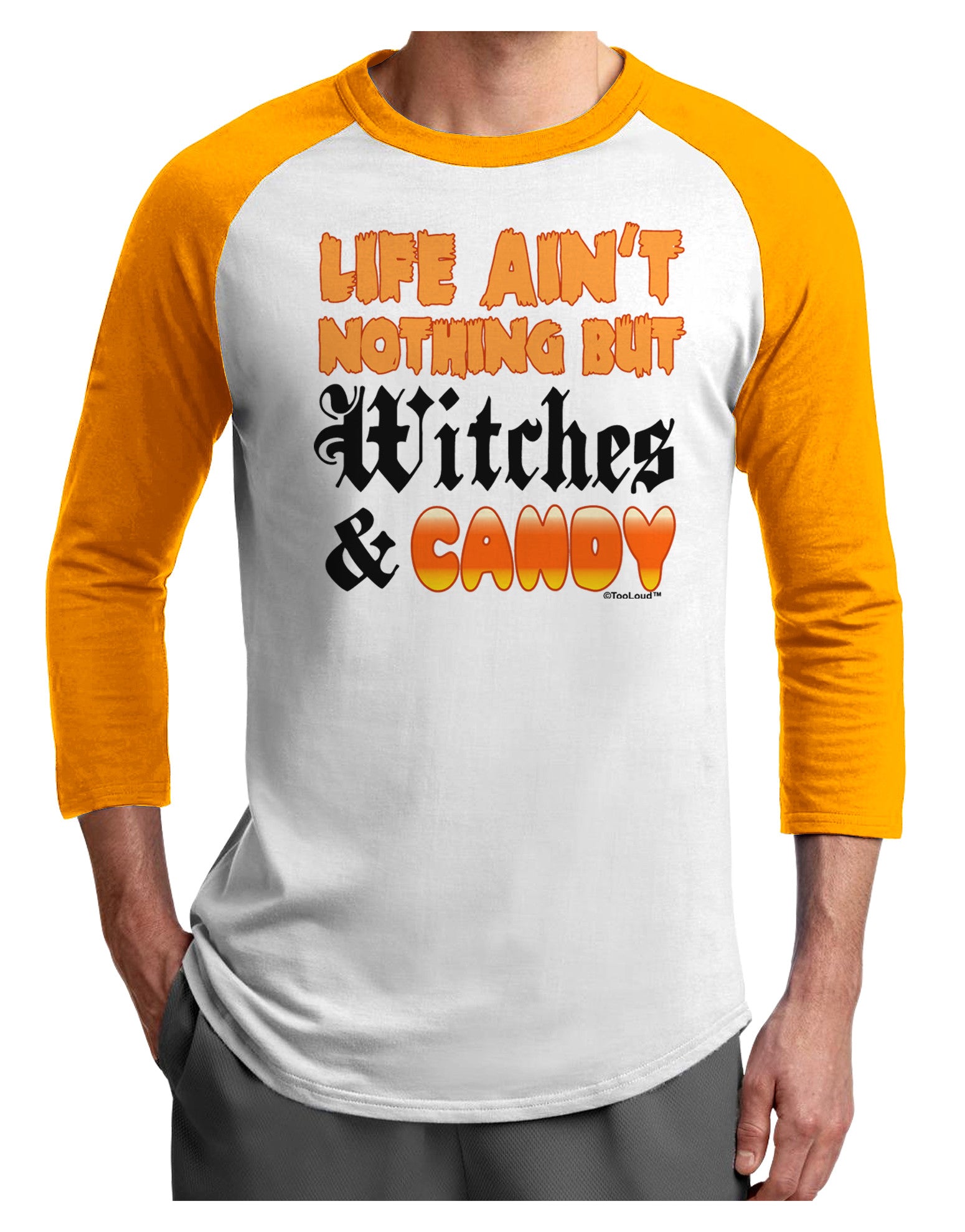 TooLoud Witches and Candy Color Adult Raglan Shirt-TooLoud-White-Gold-X-Small-Davson Sales