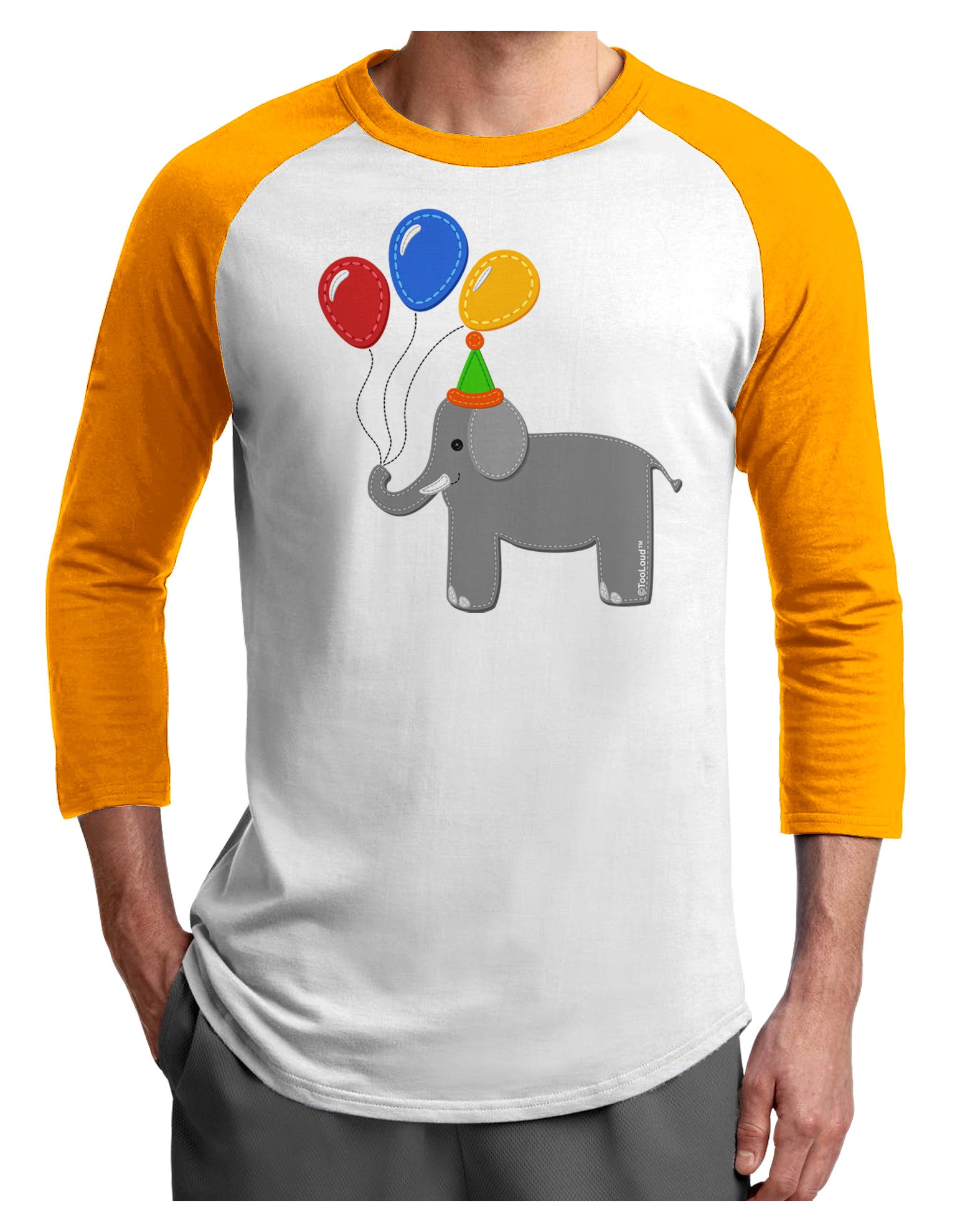Cute Elephant with Balloons Adult Raglan Shirt-TooLoud-White-Gold-X-Small-Davson Sales