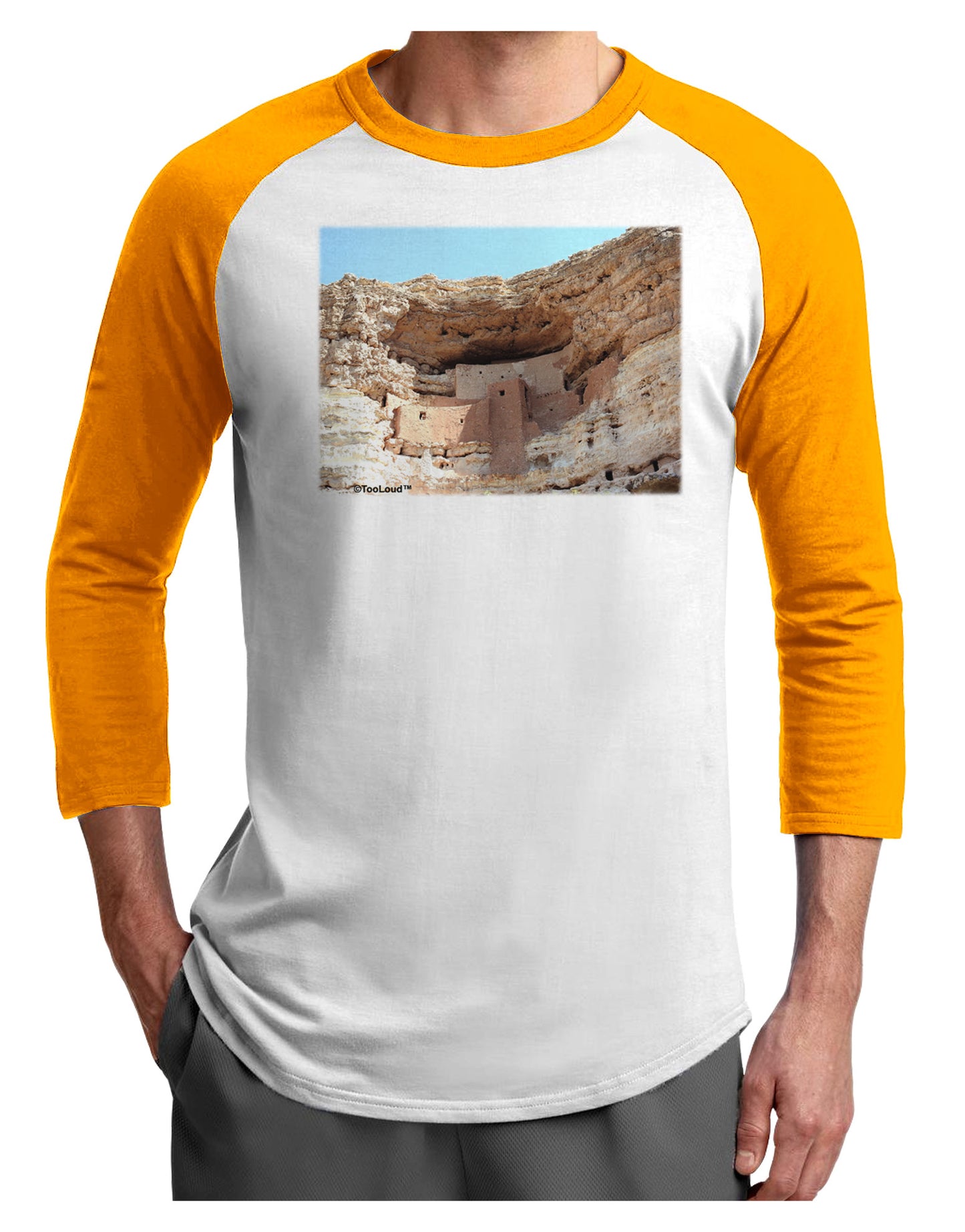 Montezuma Castle Arizona Adult Raglan Shirt-TooLoud-White-Gold-X-Small-Davson Sales