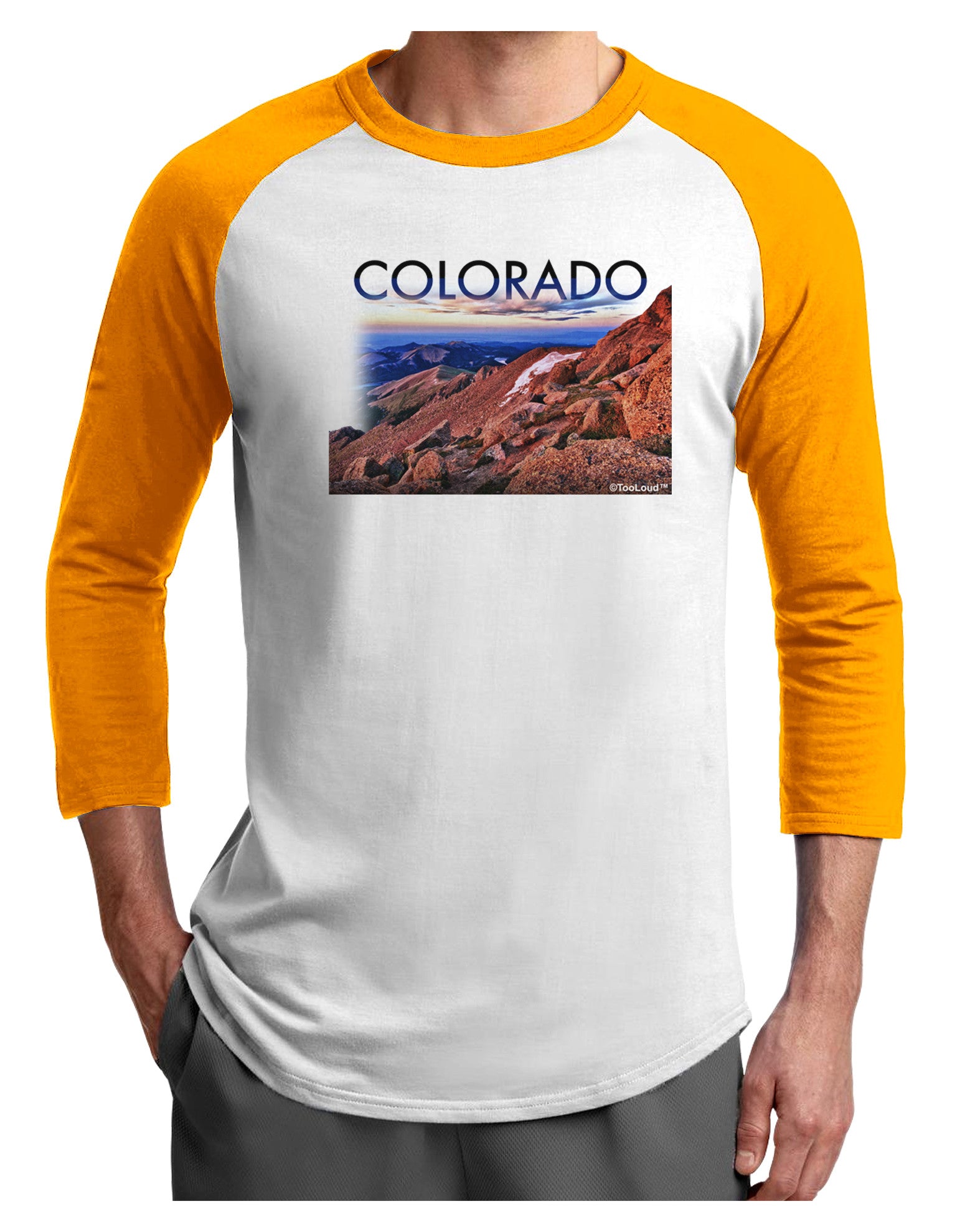 Colorado Mtn Sunset Cutout Adult Raglan Shirt-Raglan Shirt-TooLoud-White-Gold-X-Small-Davson Sales