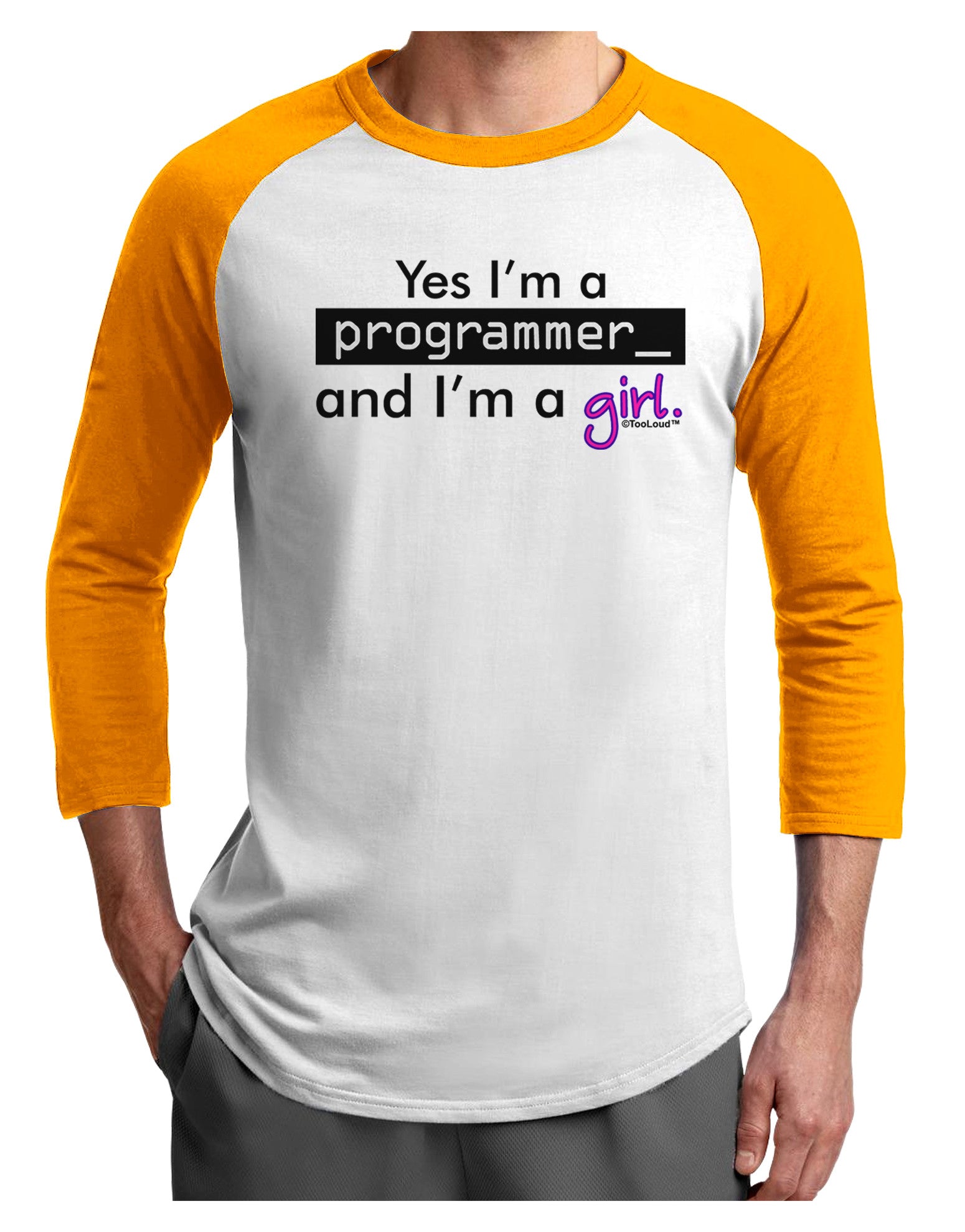 TooLoud Yes I am a Programmer Girl Adult Raglan Shirt-TooLoud-White-Gold-X-Small-Davson Sales