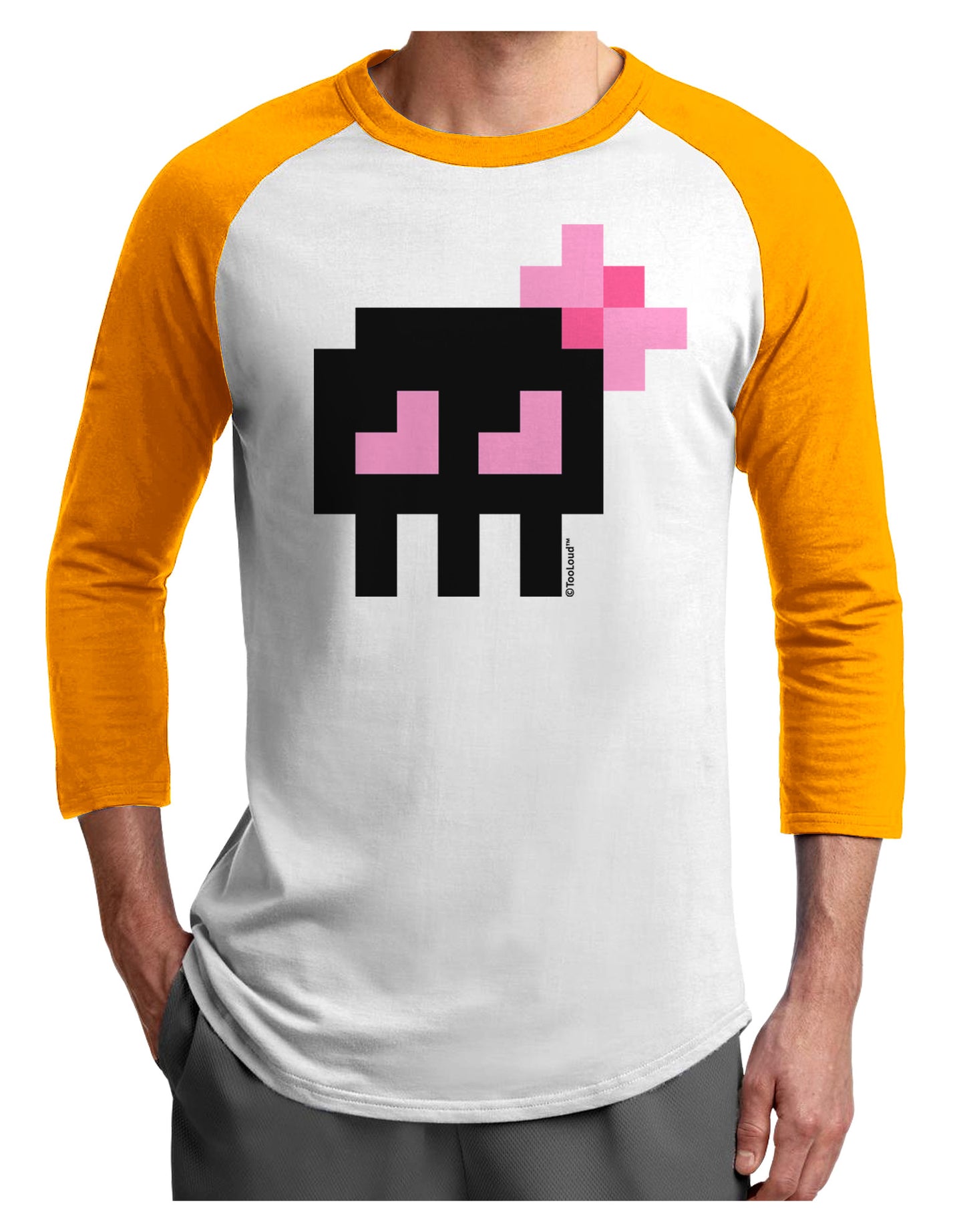 Retro 8-Bit Skull with Pink Bow Adult Raglan Shirt-TooLoud-White-Gold-X-Small-Davson Sales