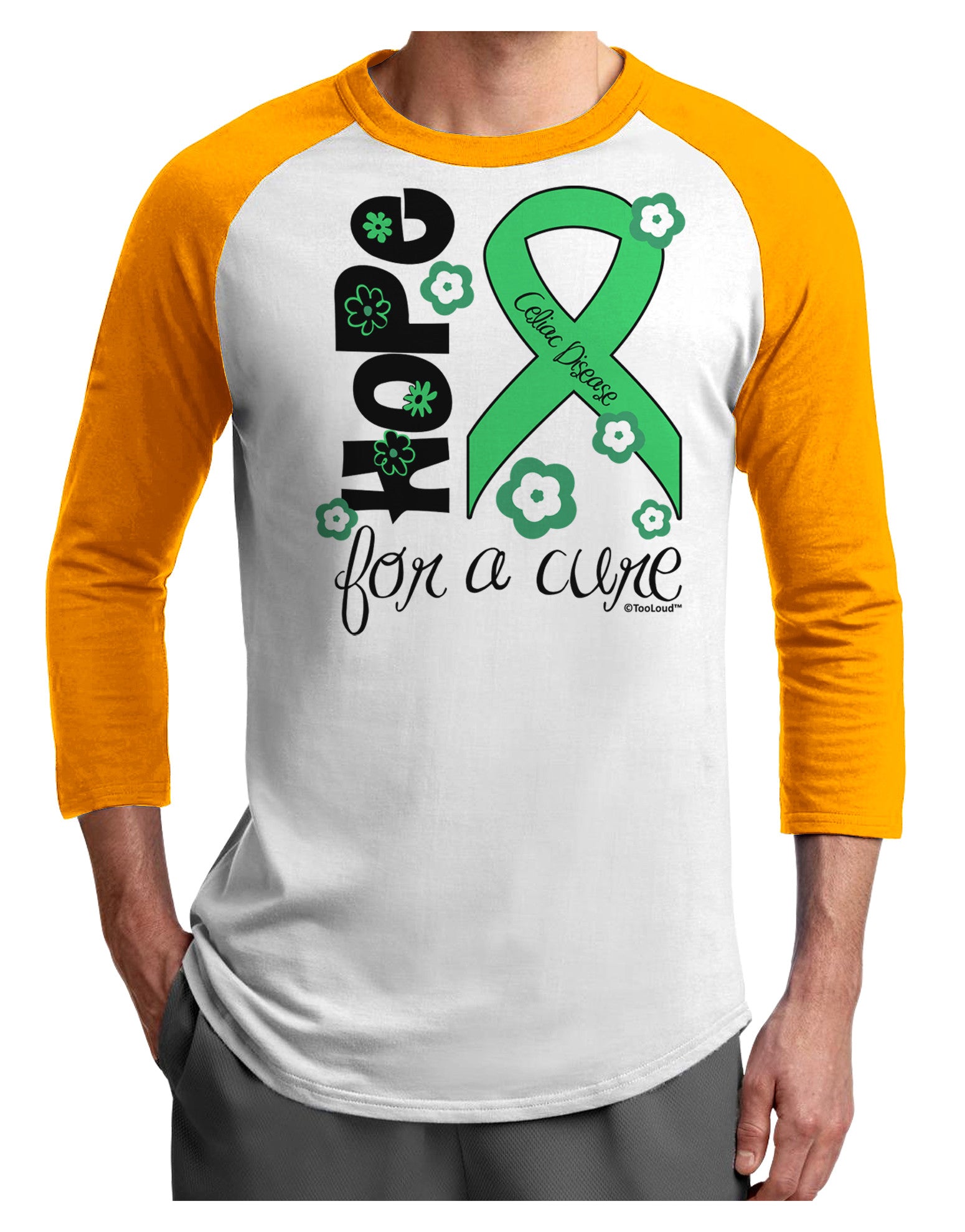 Hope for a Cure - Light Green Ribbon Celiac Disease - Flowers Adult Raglan Shirt-TooLoud-White-Gold-X-Small-Davson Sales