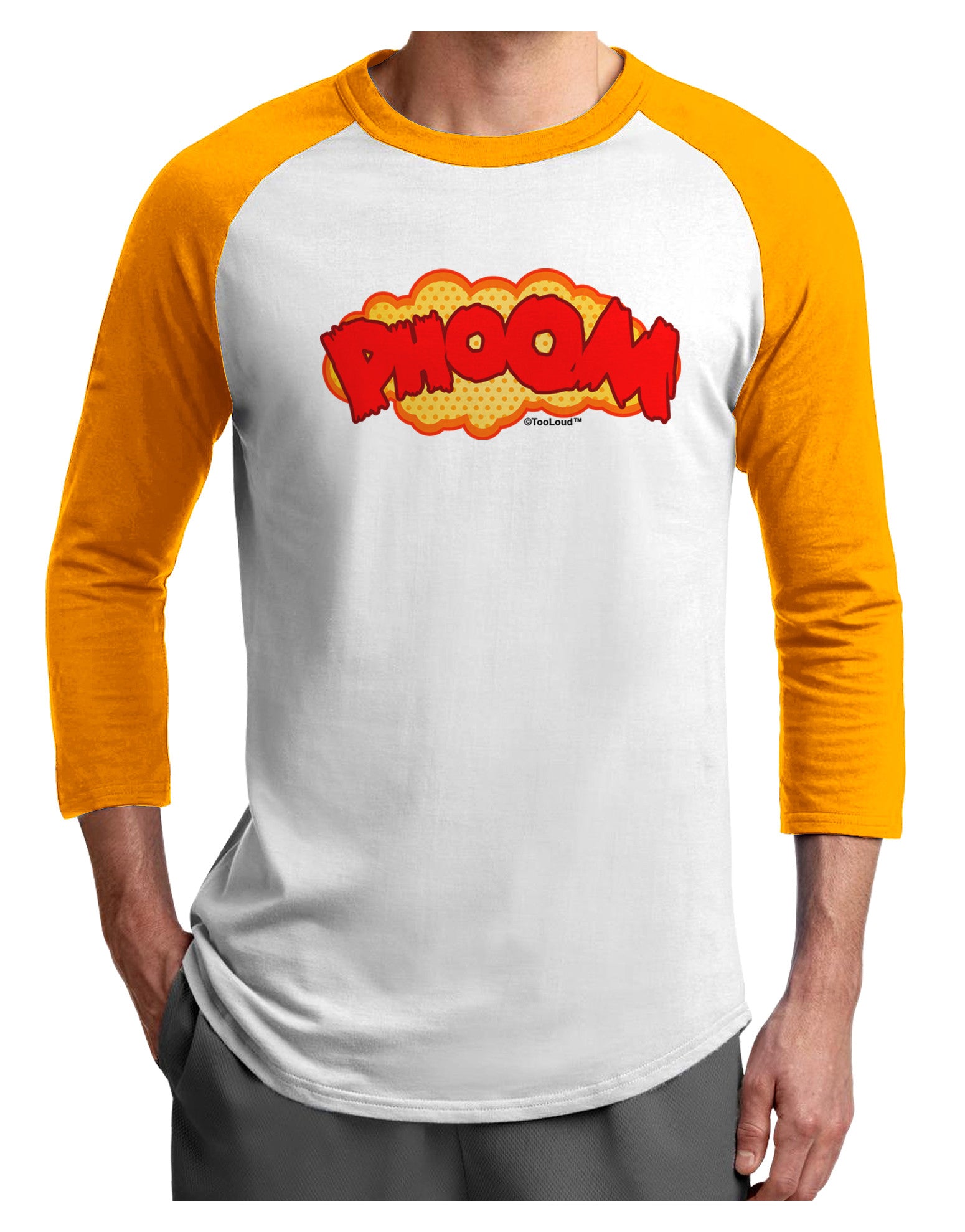 Onomatopoeia PHOOM Adult Raglan Shirt-TooLoud-White-Gold-X-Small-Davson Sales