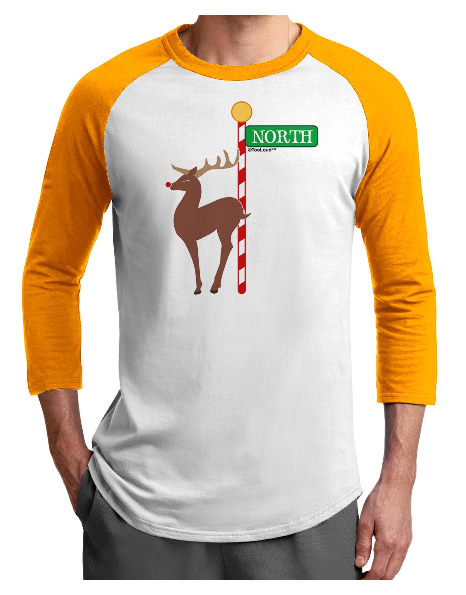 Rudolf Ratchet Reindeer Color Adult Raglan Shirt-TooLoud-White-Gold-X-Small-Davson Sales