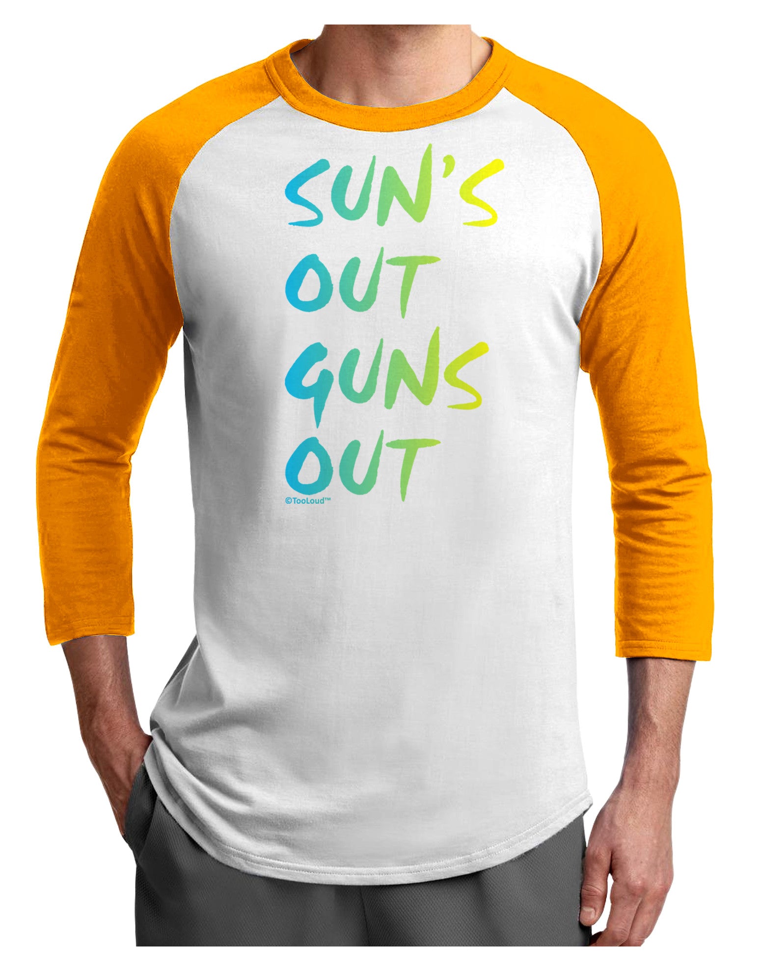 Suns Out Guns Out - Gradient Colors Adult Raglan Shirt-TooLoud-White-Gold-X-Small-Davson Sales