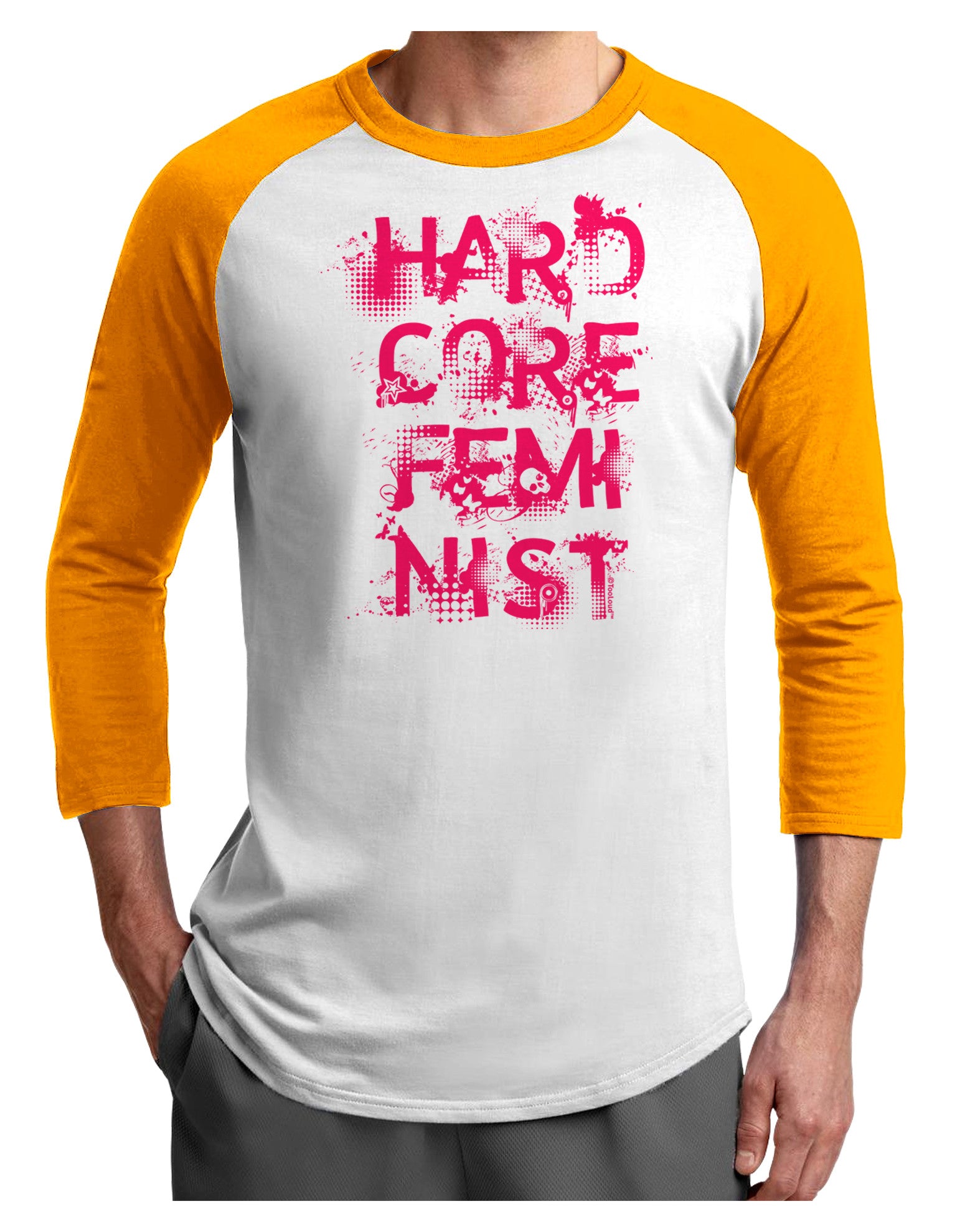 Hardcore Feminist - Pink Adult Raglan Shirt-TooLoud-White-Gold-X-Small-Davson Sales