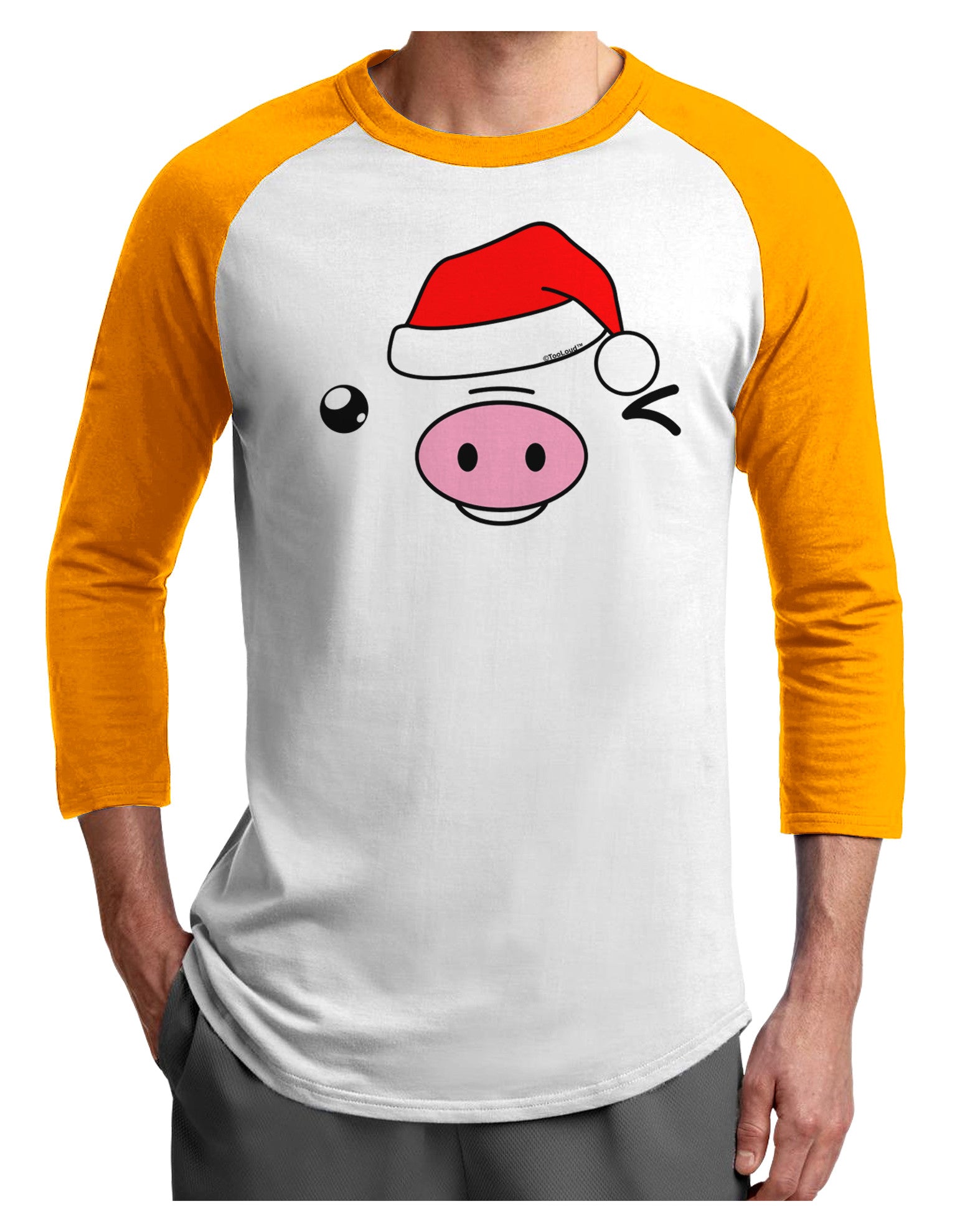 Kyu-T Face Oinkz Santa Hat Boy Pig Adult Raglan Shirt-TooLoud-White-Gold-X-Small-Davson Sales