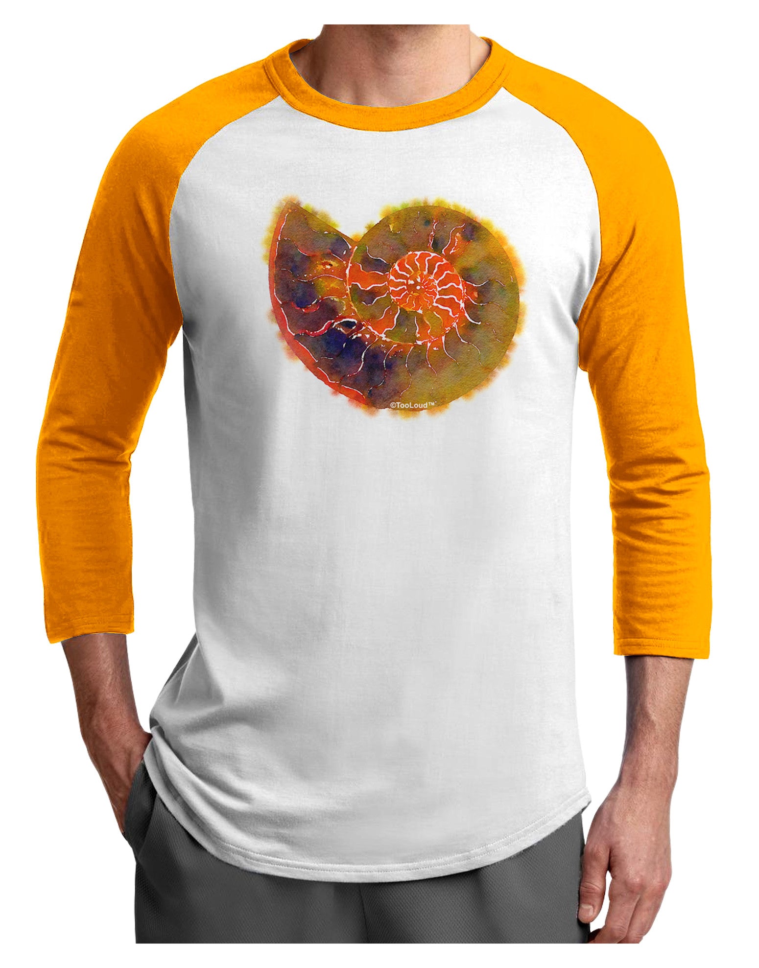 Nautilus Fossil Watercolor Adult Raglan Shirt-TooLoud-White-Gold-X-Small-Davson Sales