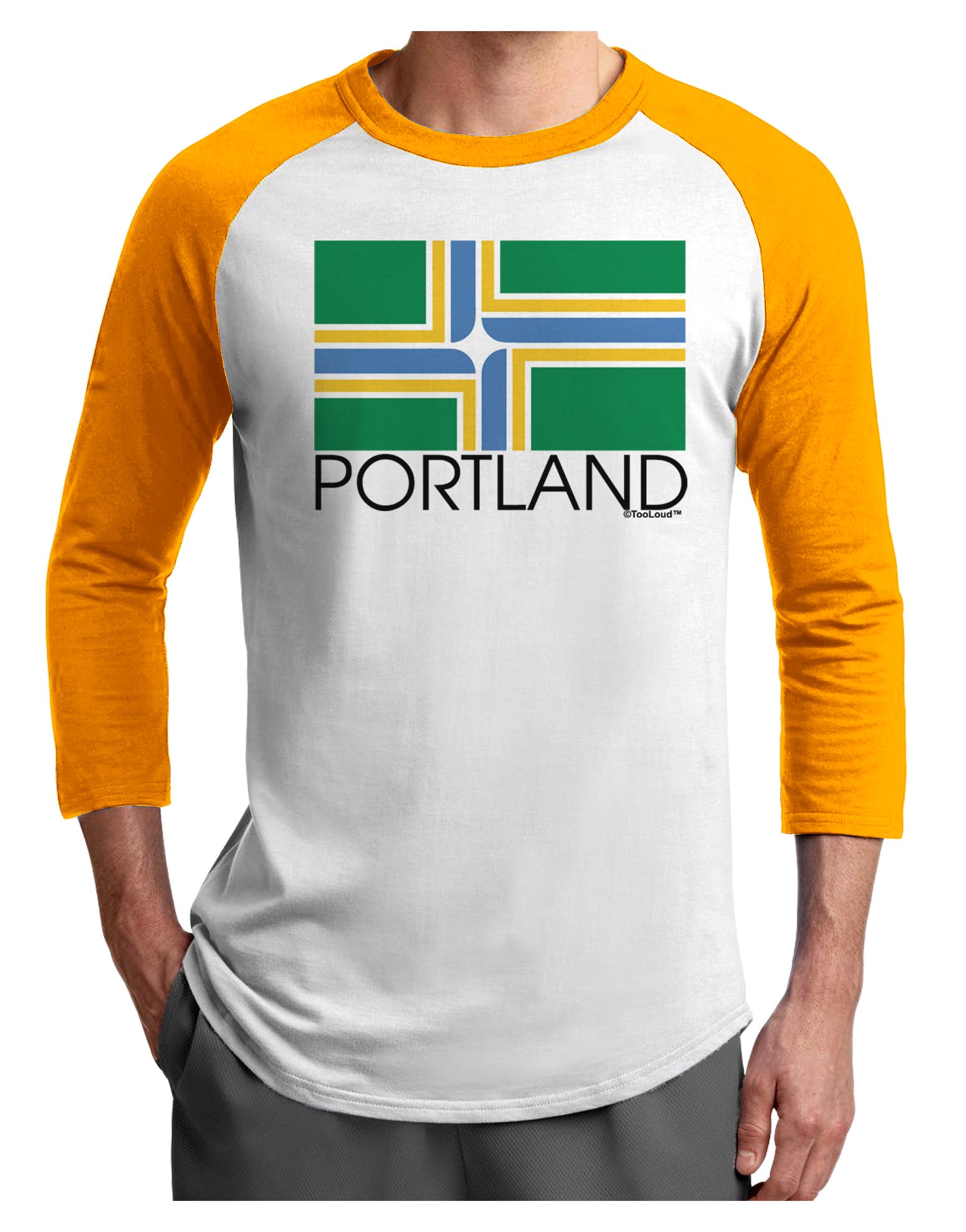 Portland Oregon Flag Text Adult Raglan Shirt-TooLoud-White-Gold-X-Small-Davson Sales