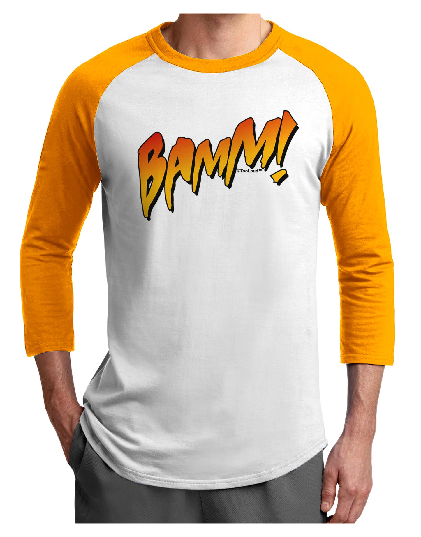 Onomatopoeia BAMM Adult Raglan Shirt-TooLoud-White-Gold-X-Small-Davson Sales
