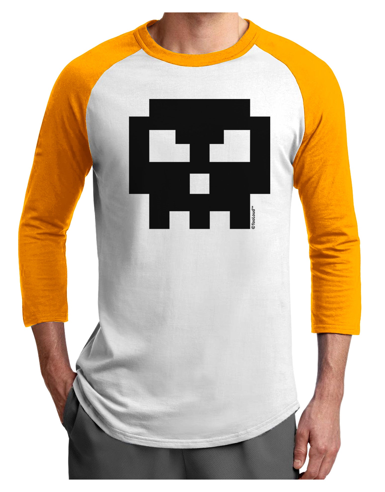 Retro 8-Bit Skull Adult Raglan Shirt-TooLoud-White-Gold-X-Small-Davson Sales