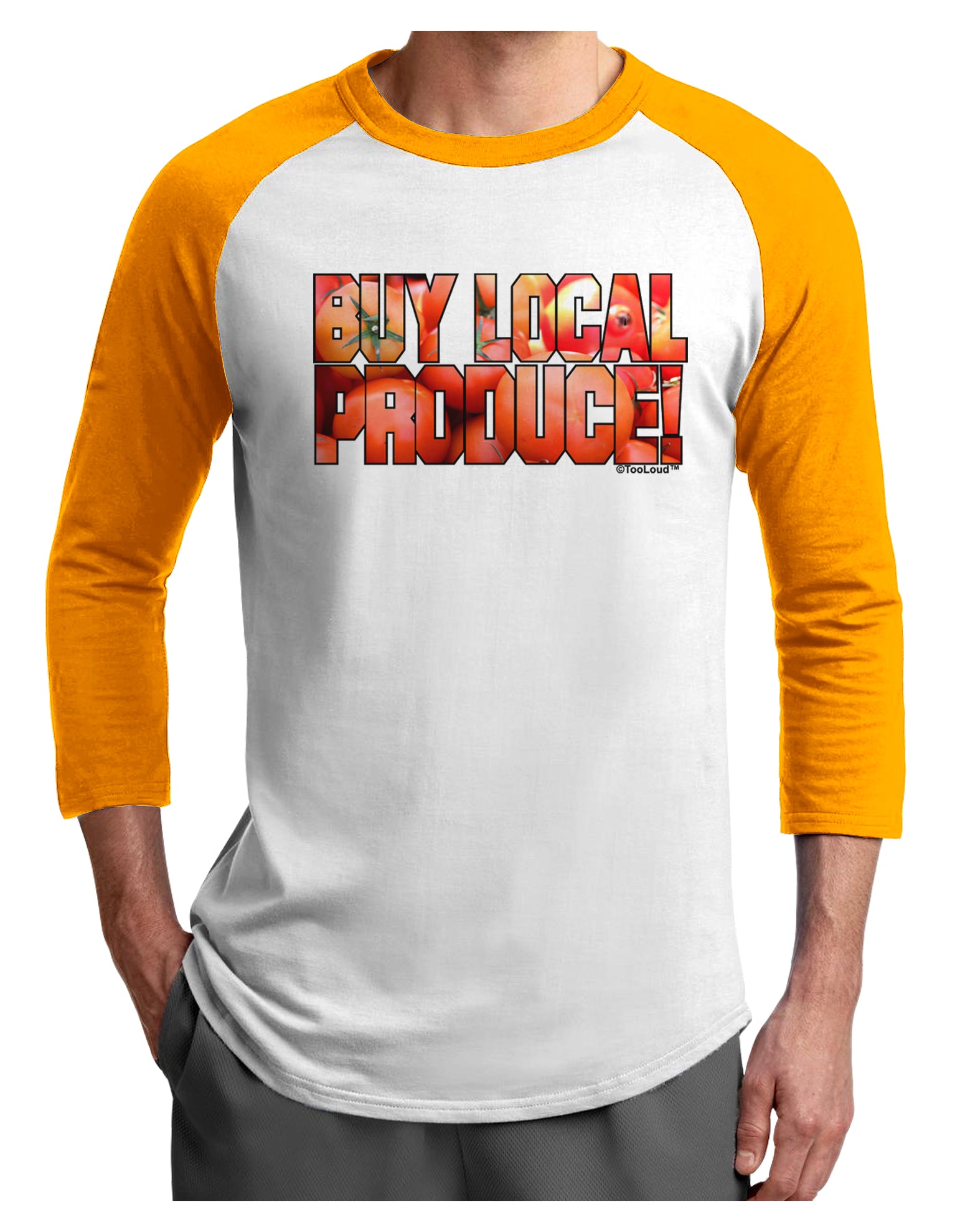 Buy Local Produce Tomatoes Text Adult Raglan Shirt-TooLoud-White-Gold-X-Small-Davson Sales