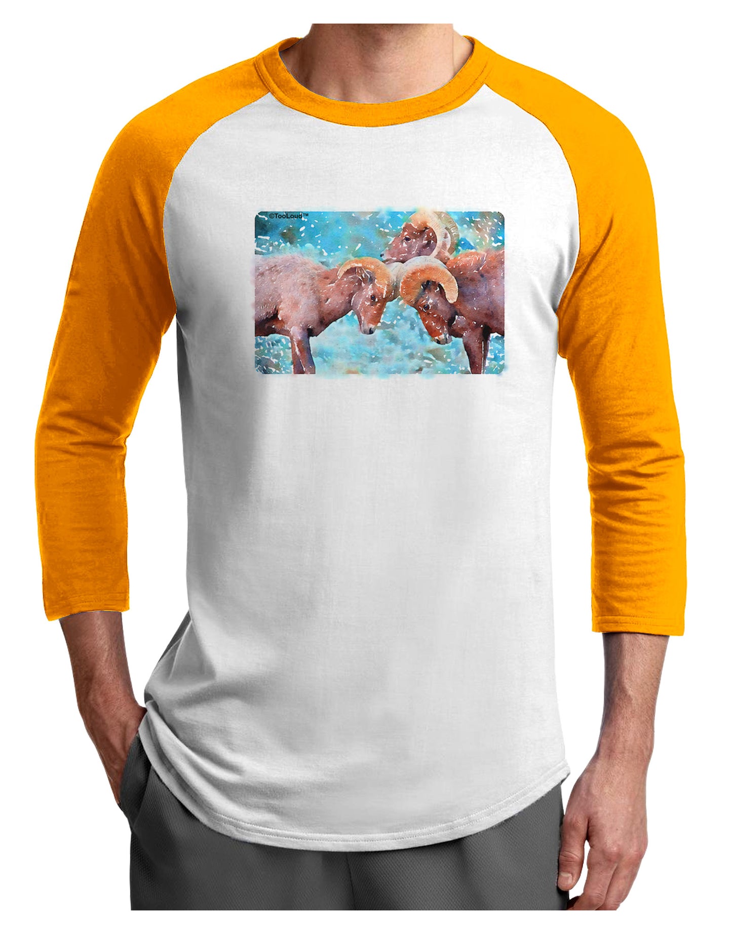 CO Bighorn Head Butt Watercolor Adult Raglan Shirt-TooLoud-White-Gold-X-Small-Davson Sales