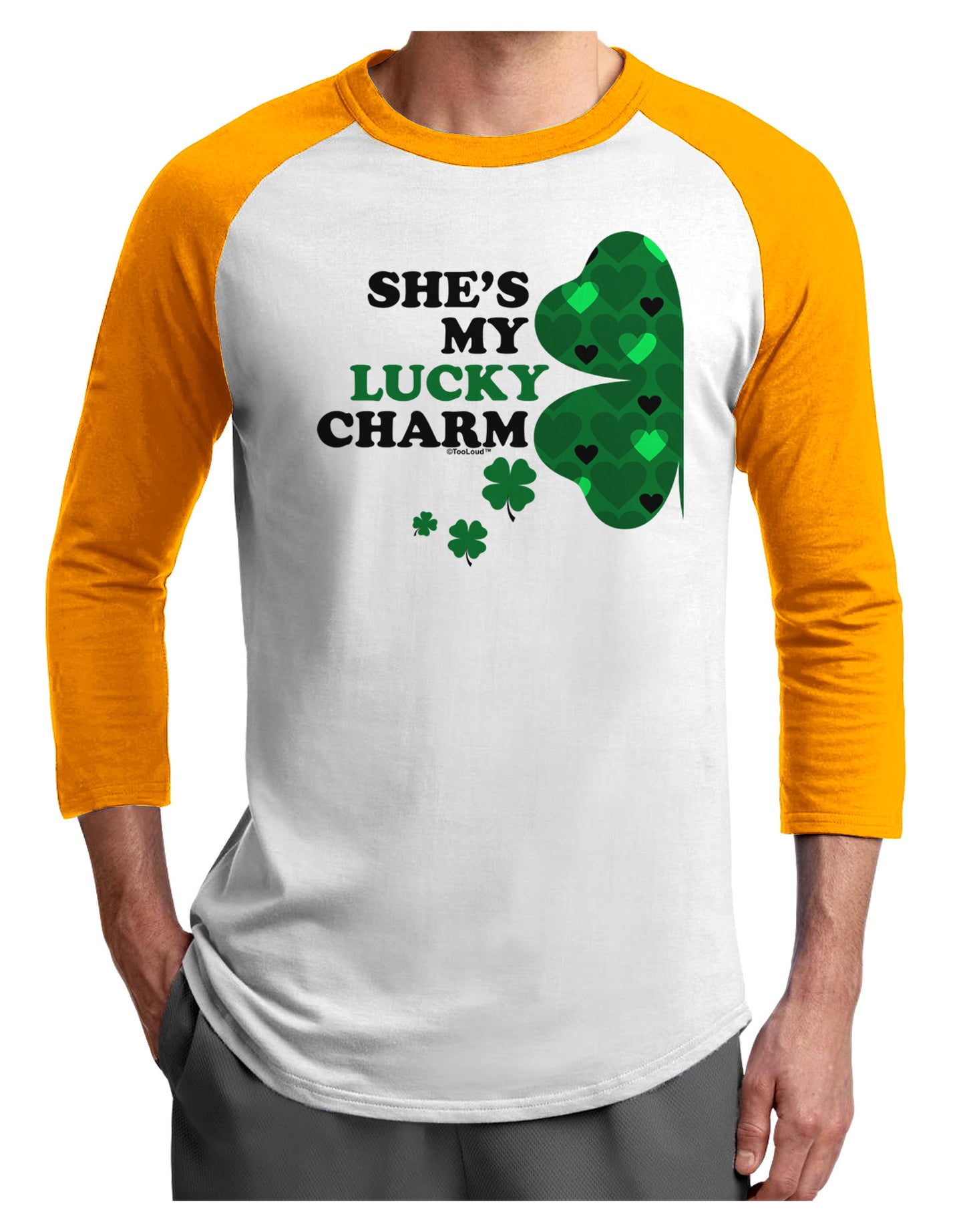 She's My Lucky Charm - Left Adult Raglan Shirt-Raglan Shirt-TooLoud-White-Gold-X-Small-Davson Sales