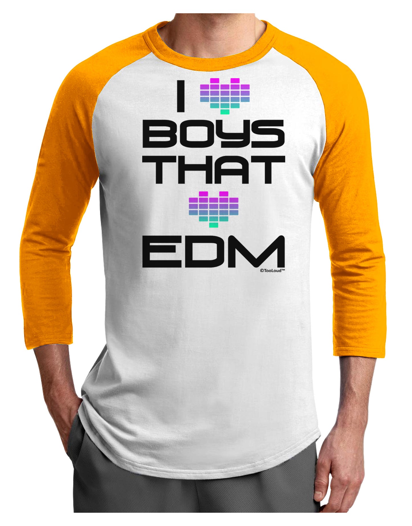 I Heart Boys That Heart EDM Adult Raglan Shirt-TooLoud-White-Gold-X-Small-Davson Sales