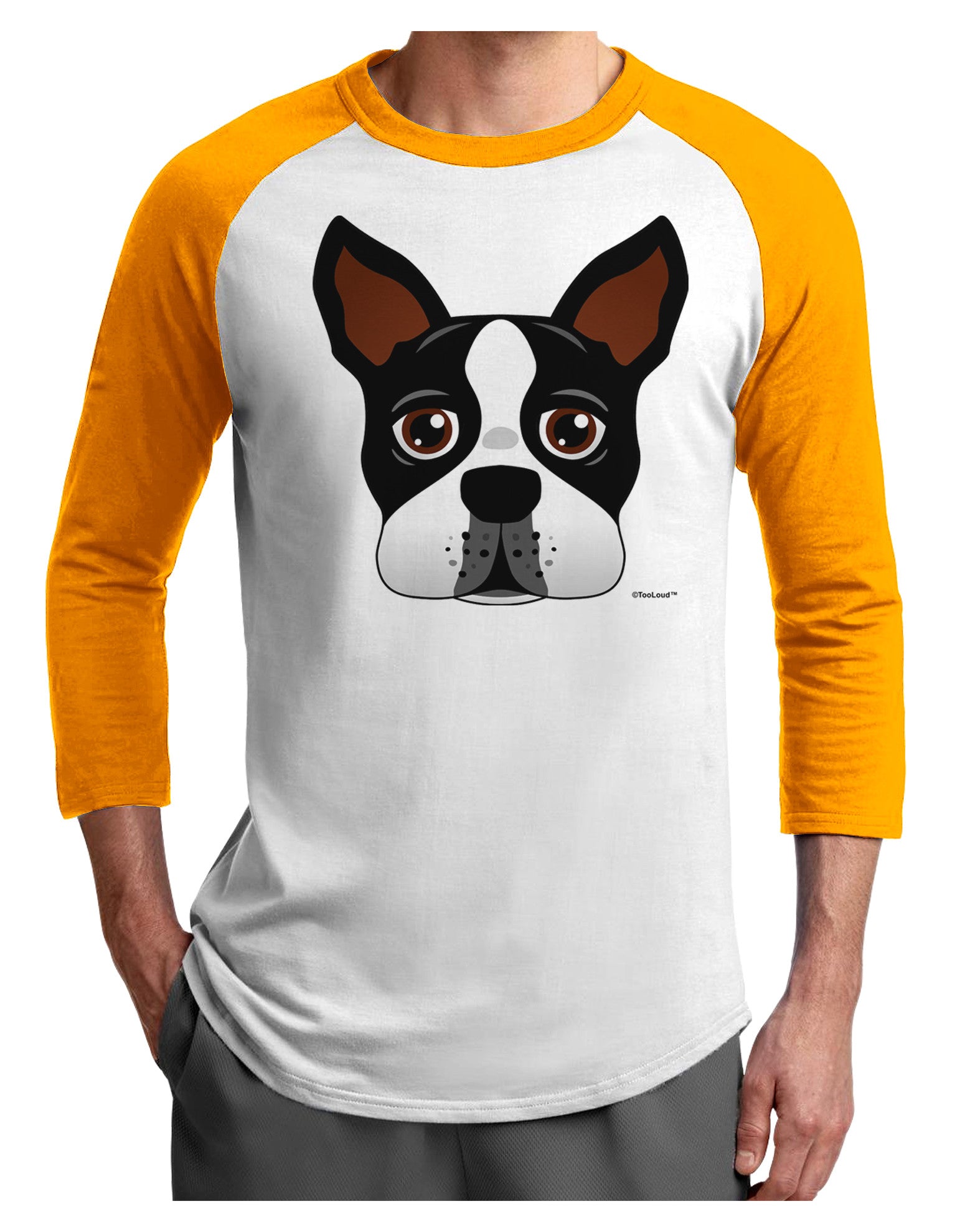 Cute Boston Terrier Dog Face Adult Raglan Shirt-TooLoud-White-Gold-X-Small-Davson Sales