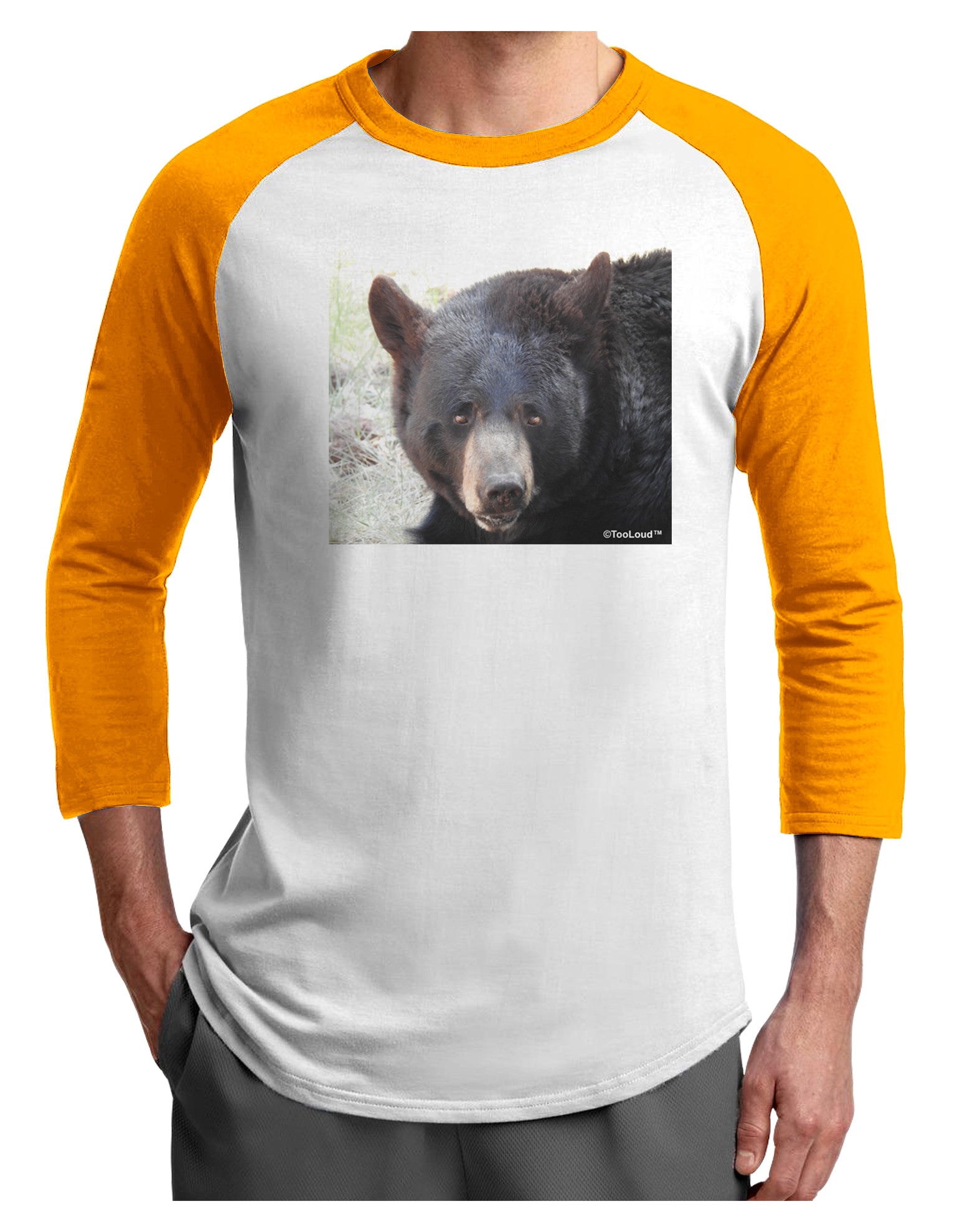 Staring Black Bear Adult Raglan Shirt-Raglan Shirt-TooLoud-White-Gold-X-Small-Davson Sales