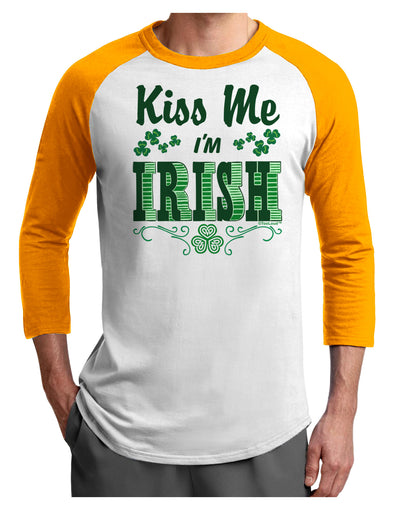 Kiss Me I'm Irish St Patricks Day Adult Raglan Shirt-Raglan Shirt-TooLoud-White-Gold-X-Small-Davson Sales