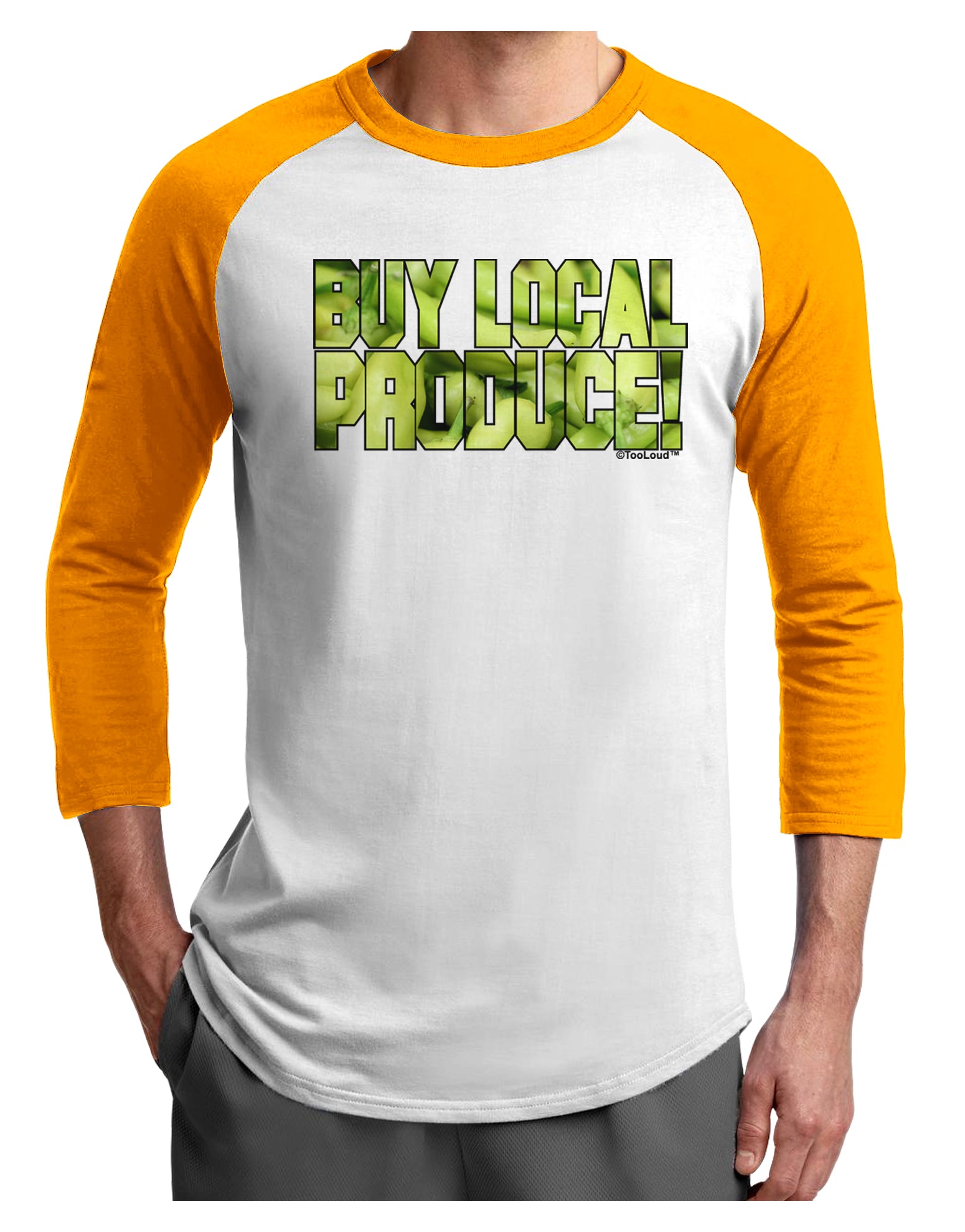 Buy Local - Jalapenos Text Adult Raglan Shirt-TooLoud-White-Gold-X-Small-Davson Sales