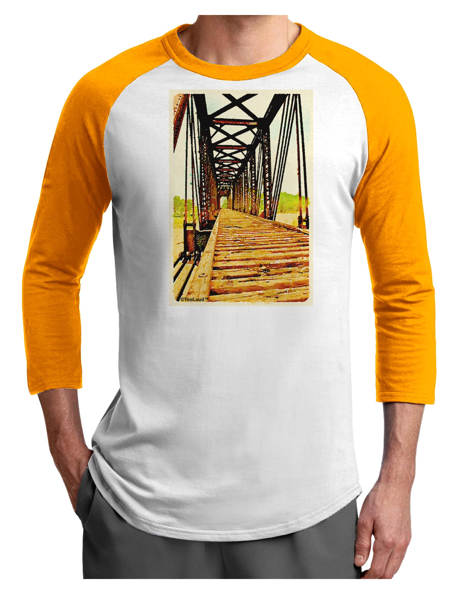 Colorado Bridge Watercolor Adult Raglan Shirt-TooLoud-White-Gold-X-Small-Davson Sales
