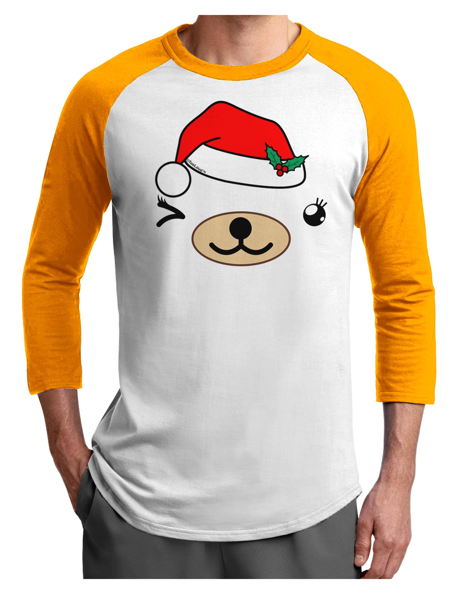 Kyu-T Face Beartholomea Santa Girl Bear Adult Raglan Shirt-Raglan Shirt-TooLoud-White-Gold-X-Small-Davson Sales