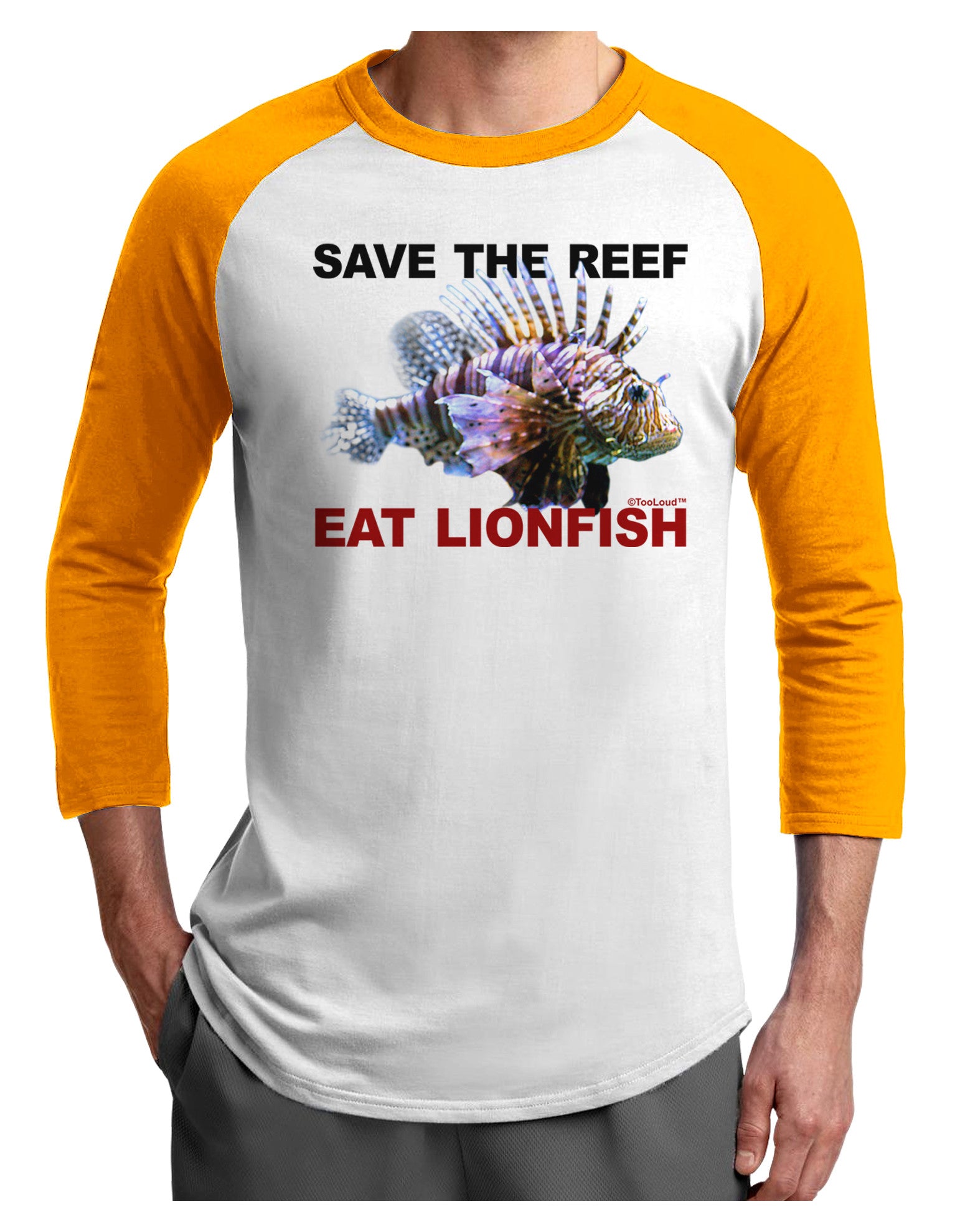 Save the Reef - Eat Lionfish Adult Raglan Shirt-Raglan Shirt-TooLoud-White-Gold-X-Small-Davson Sales