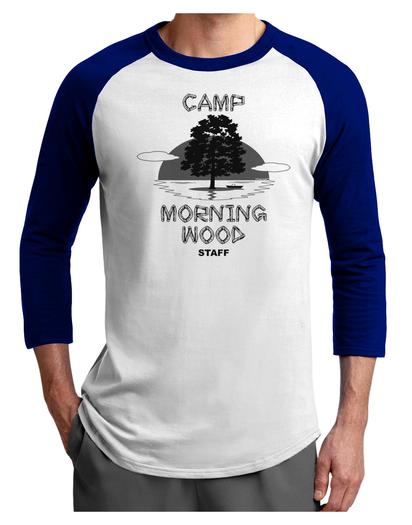 Camp Morning Wood Staff - B&W Adult Raglan Shirt-Raglan Shirt-TooLoud-White-Royal-X-Small-Davson Sales
