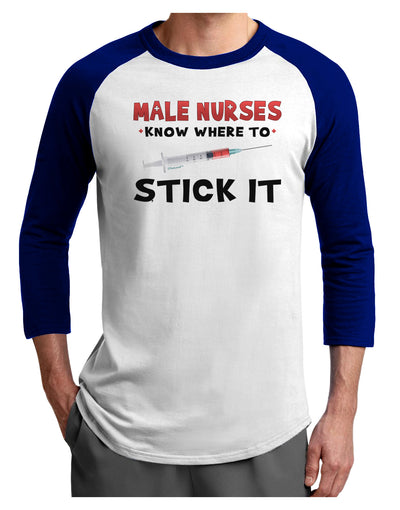 Male Nurses - Stick It Adult Raglan Shirt-TooLoud-White-Royal-X-Small-Davson Sales